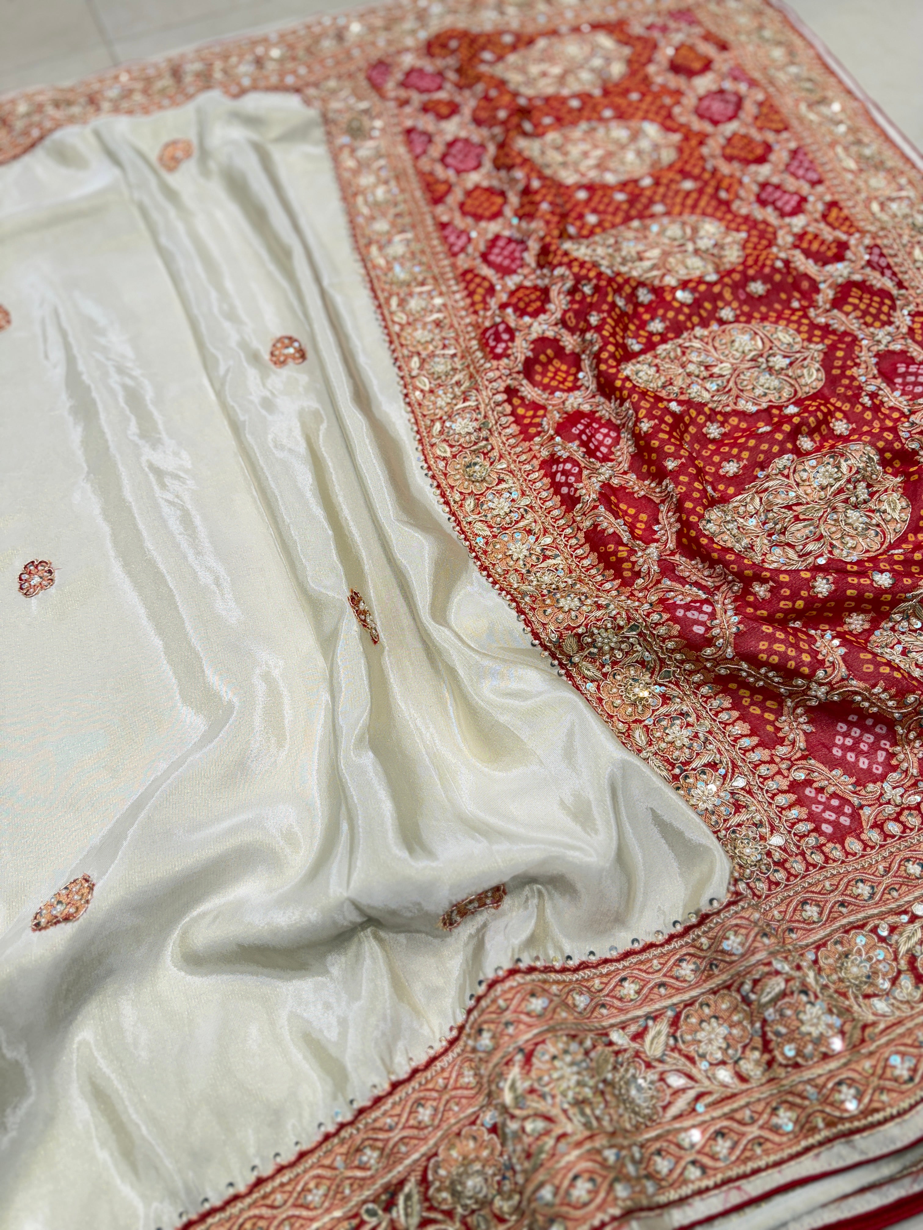 Ivory Banarasi Crepe Tissue Bandhej Patch Zardosi Hand Embroidery Saree