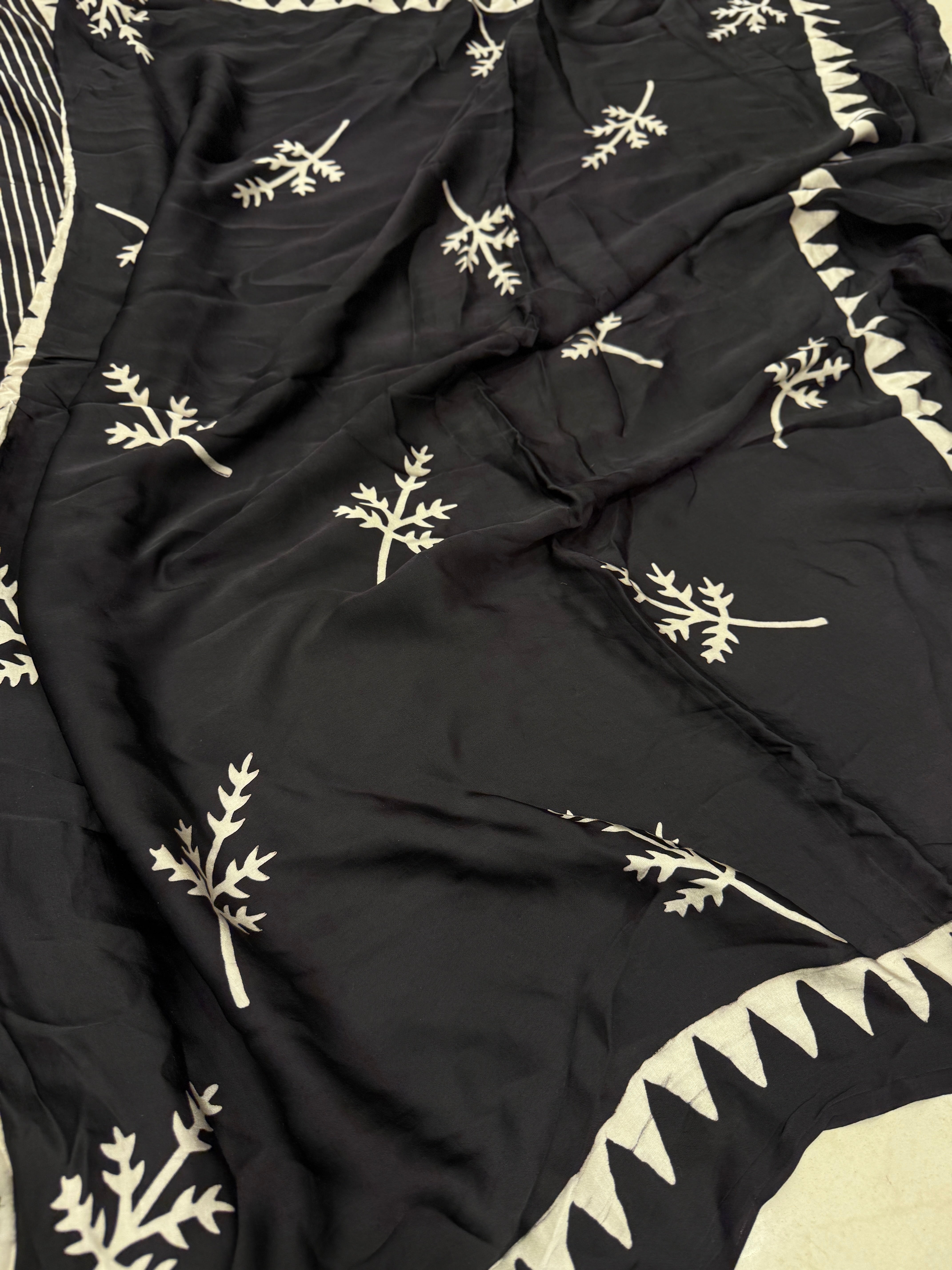 Black Contemporary Leaf Pallu Ajrakh Hand Block Print Pure Gajji Silk Saree