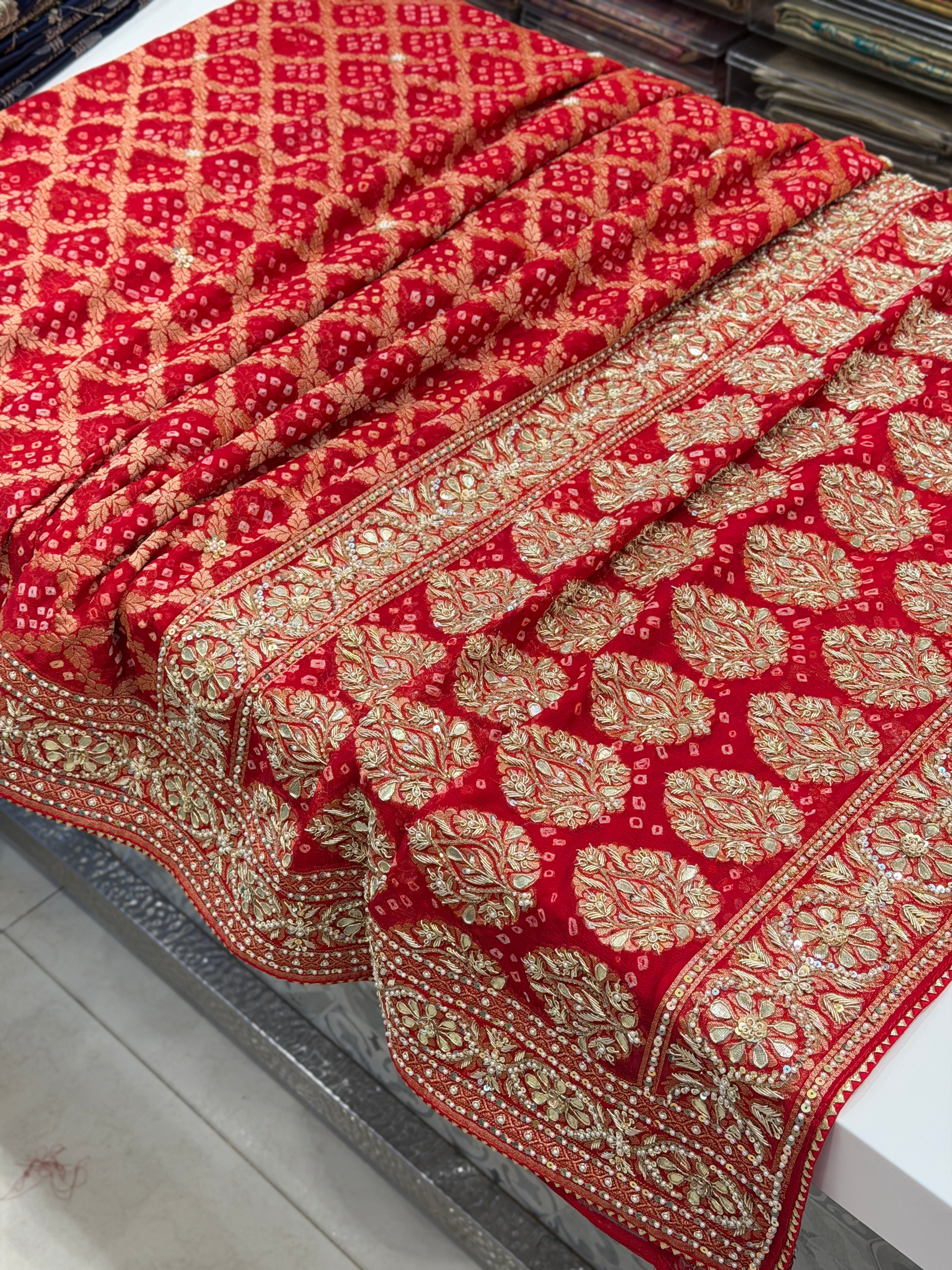 Red Bandhej Zardosi Pita Hand Embroidery Saree