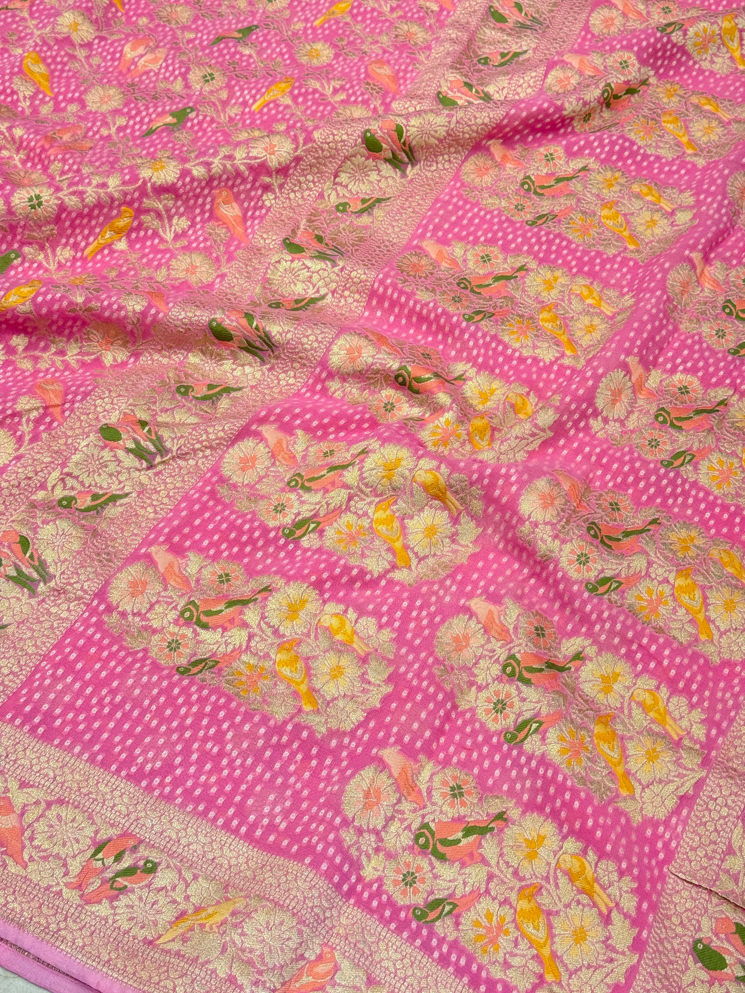 Pink Woven Bandhej Meenakari Parrot Motif Saree