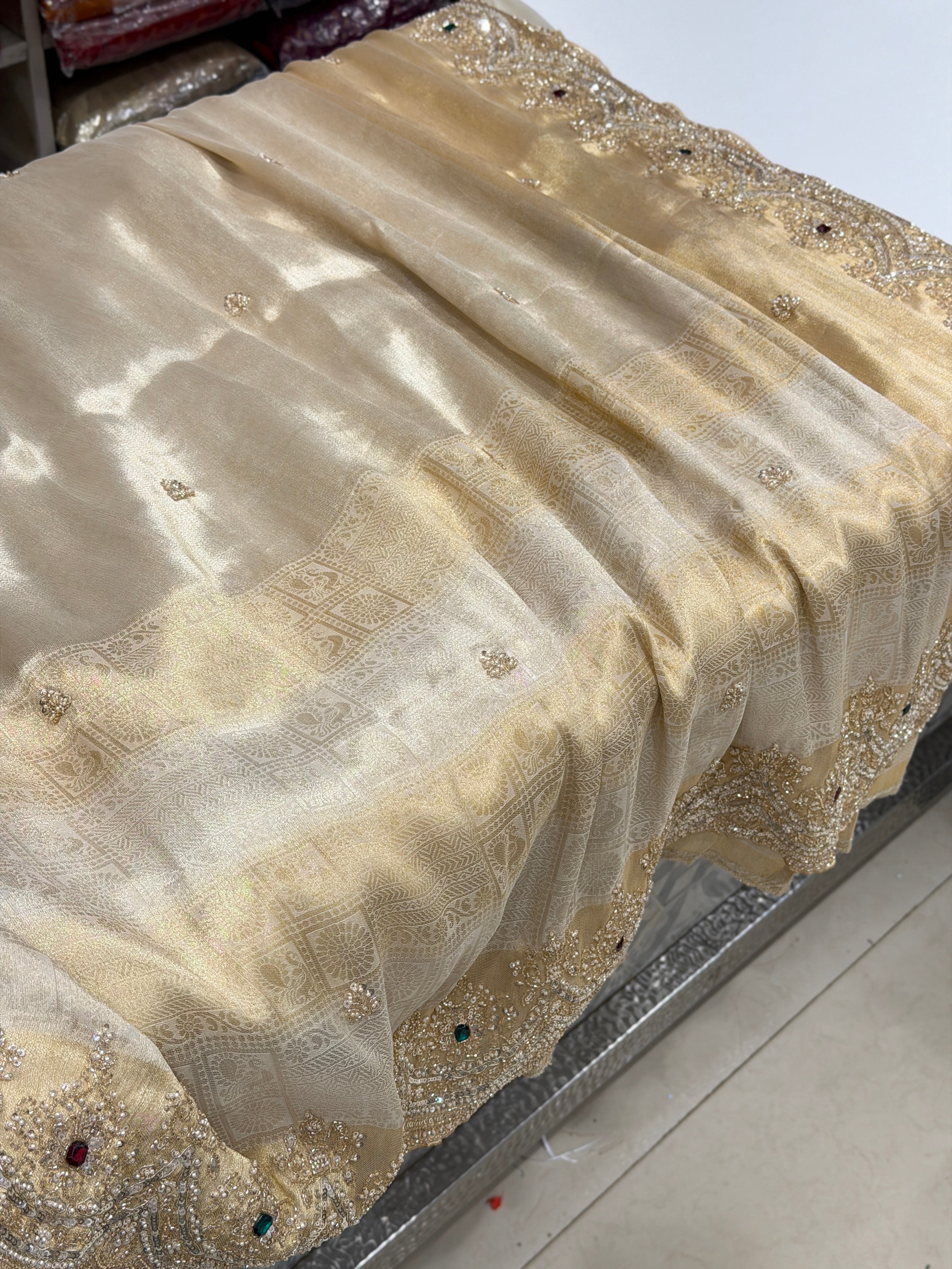 Gold Tissue Crepe Kanchi Style Weave Crystal Embroidery Saree