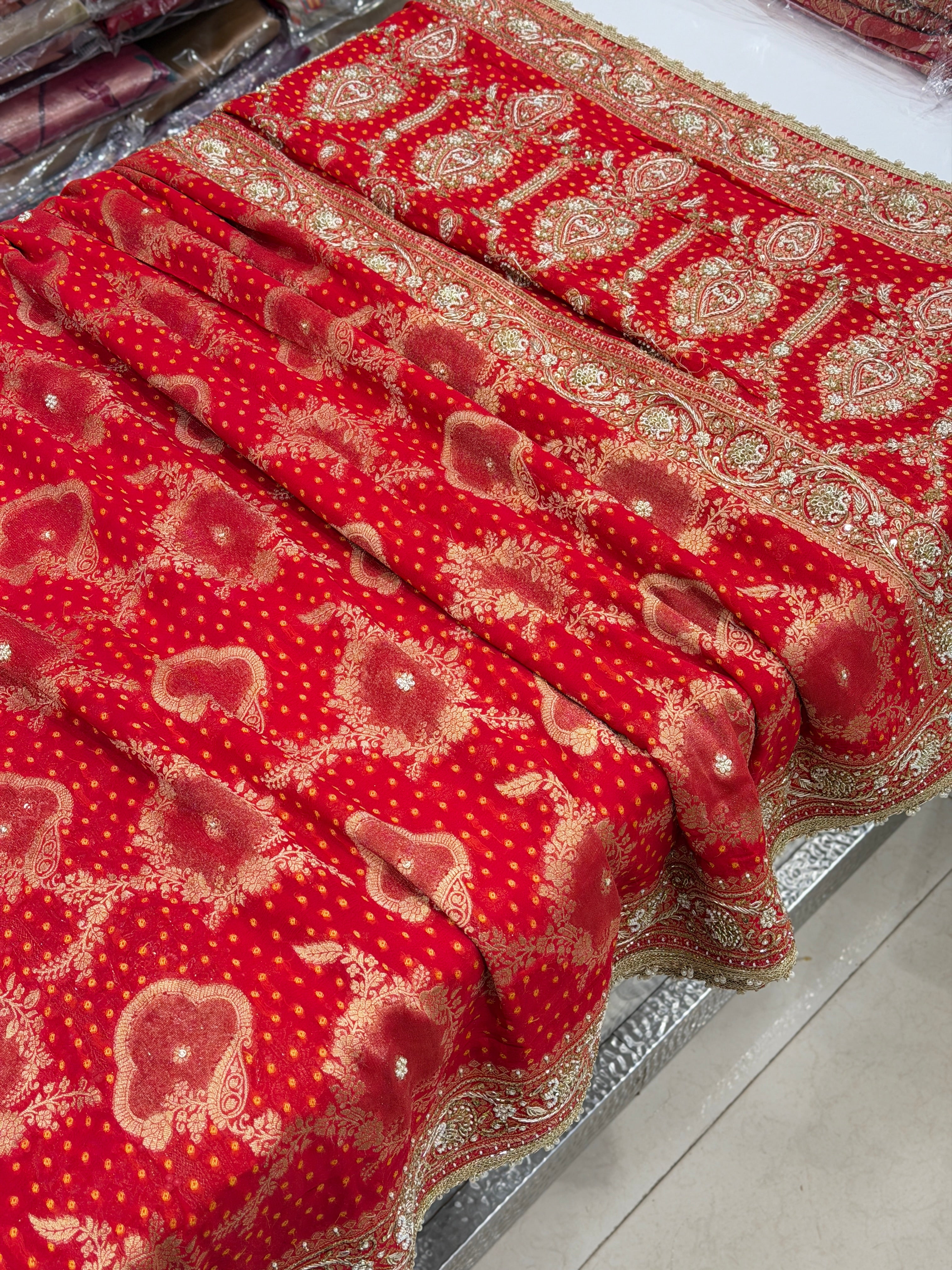 Red Woven Bandhej Zardodi Moti Hand Embroidery Saree
