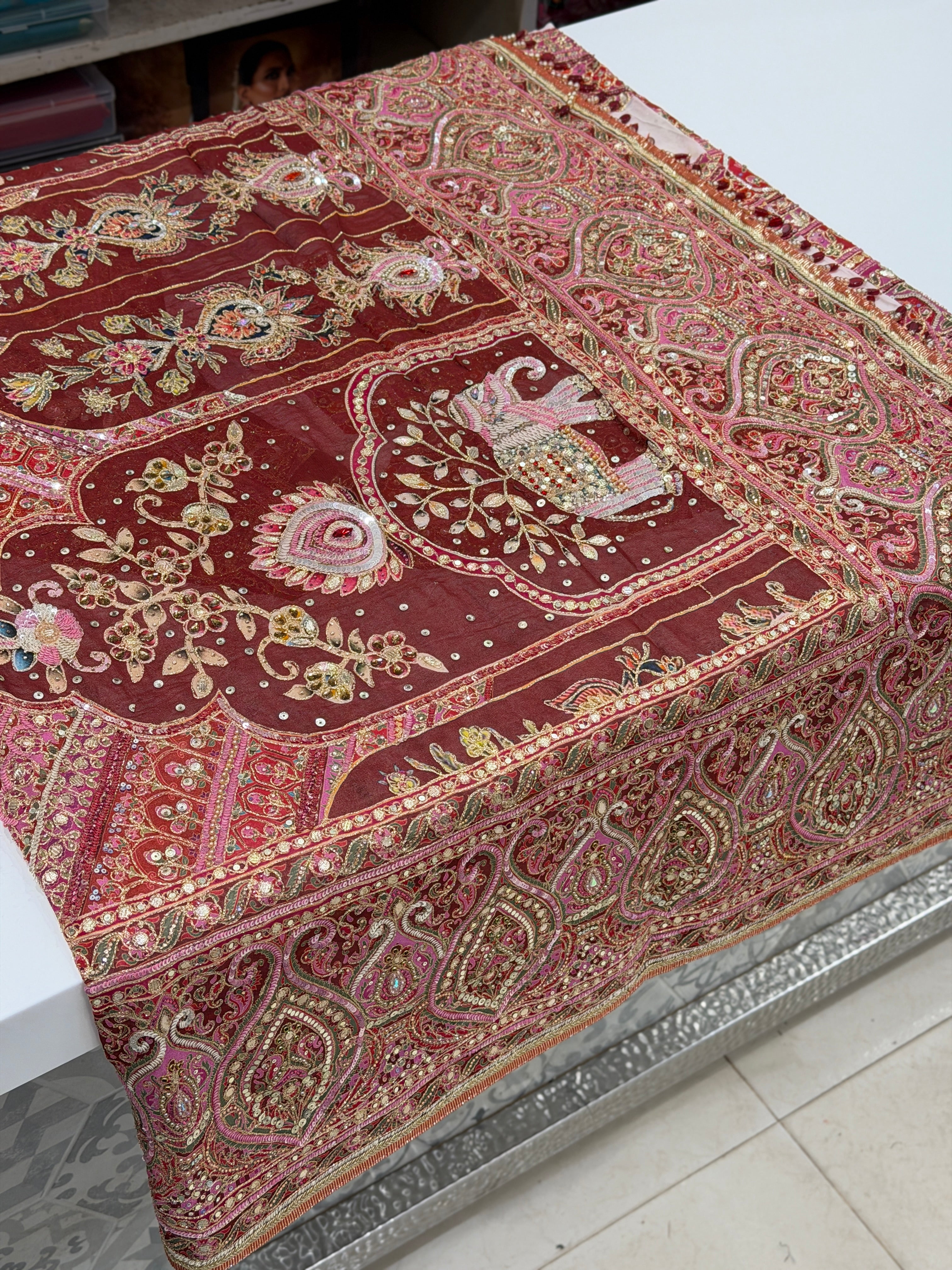 Maroon TT inspired Elephant Motif Banarasi Crepe Hand Embroidery Saree