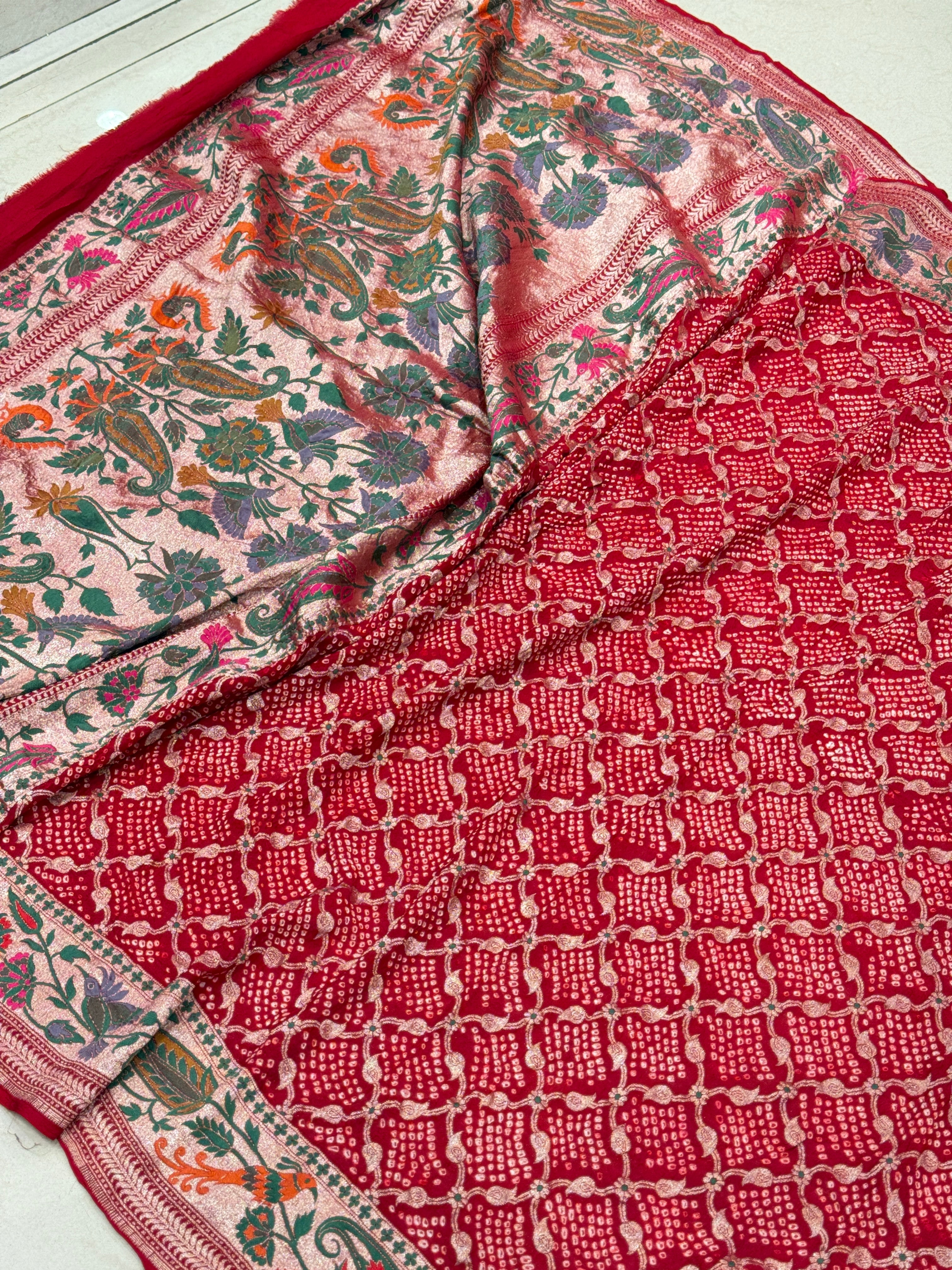 Red Handloom Floral Meenakari Rai Bandhej Pure Zari Dupatta