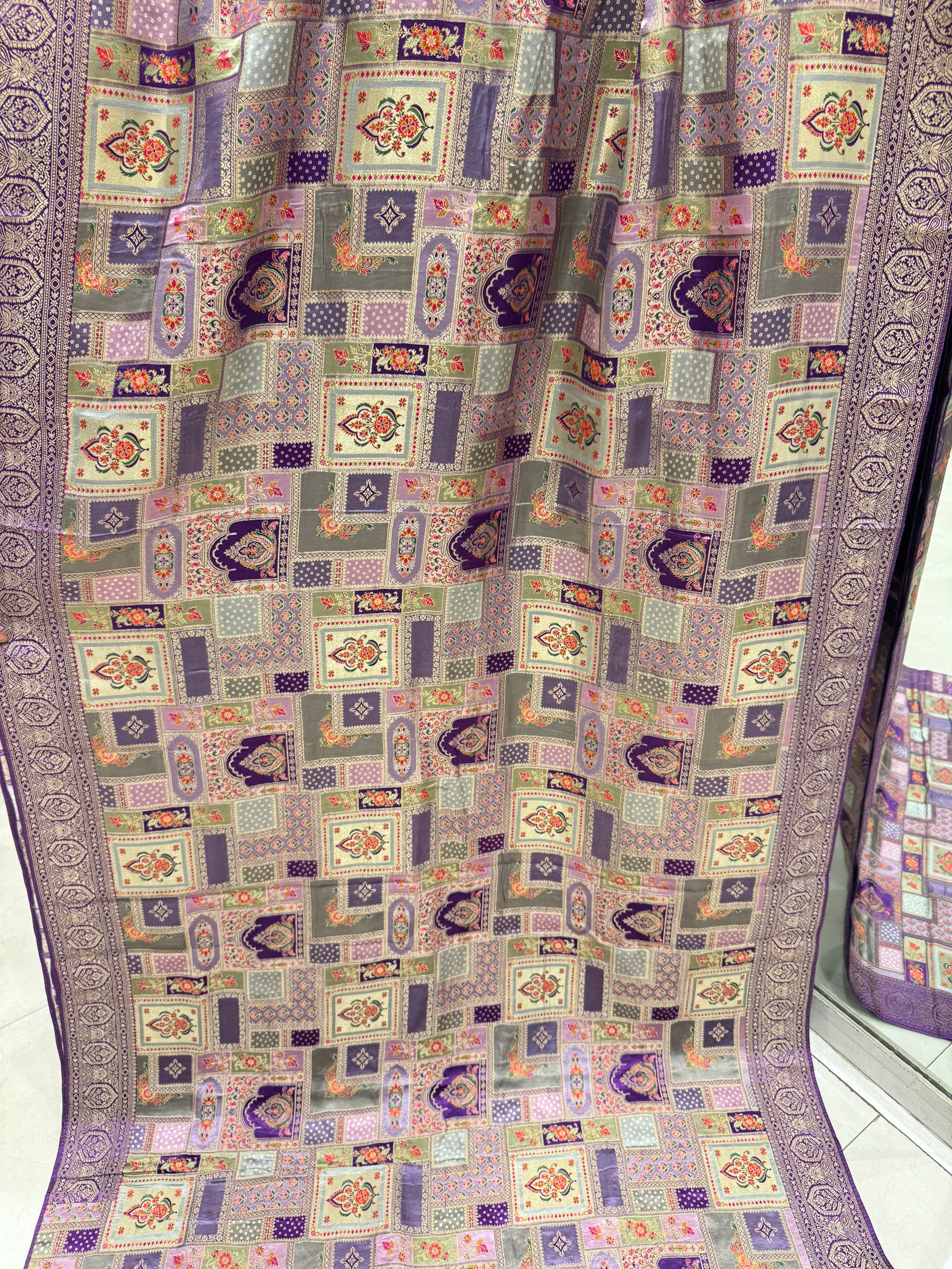 Violet Banarasi Modal Rangkat Satin Checkered Temple Silk Saree