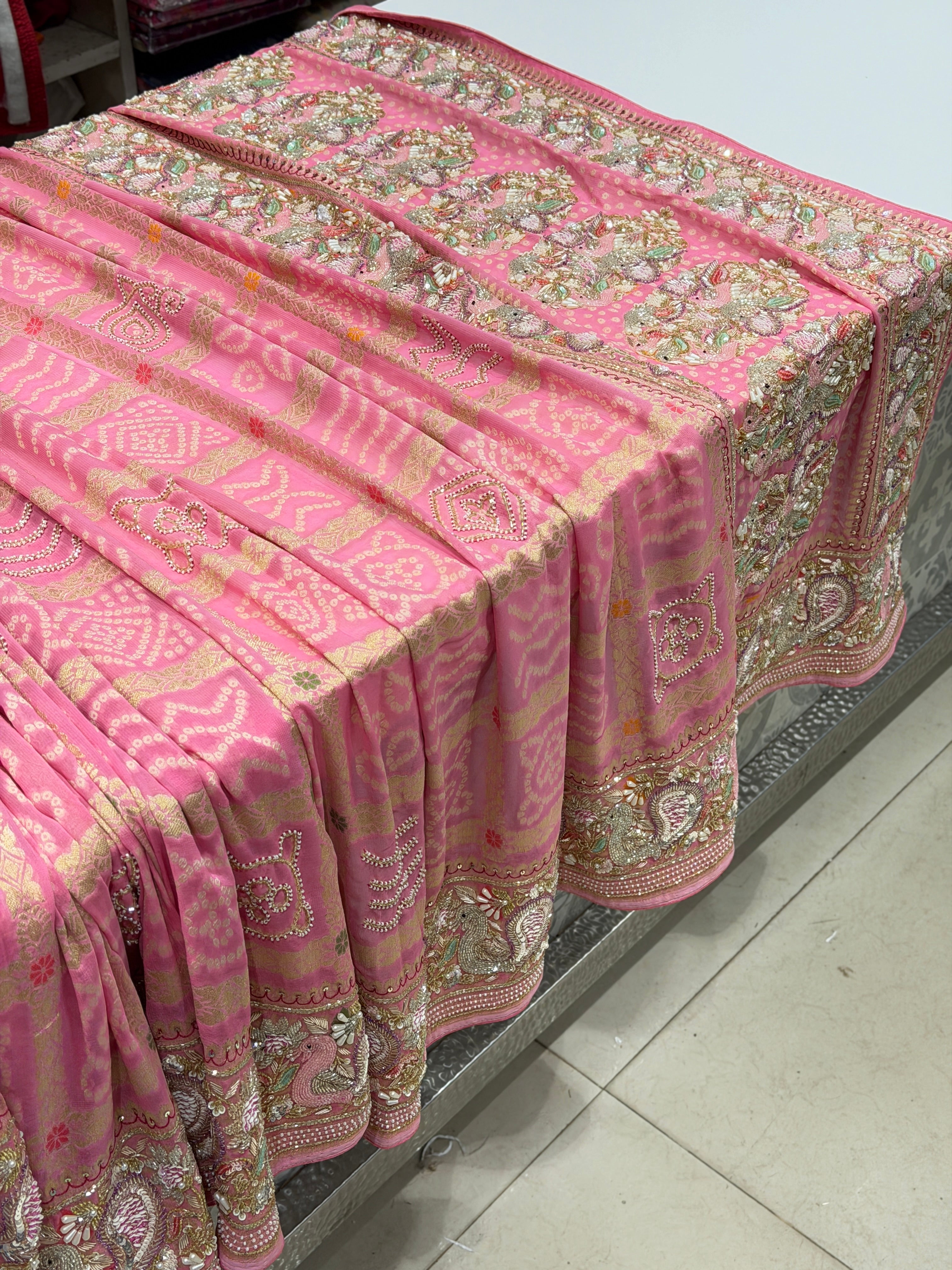 Pink Gharchola Moti Sequin Zardosi Hand Embroidery Georgette Saree