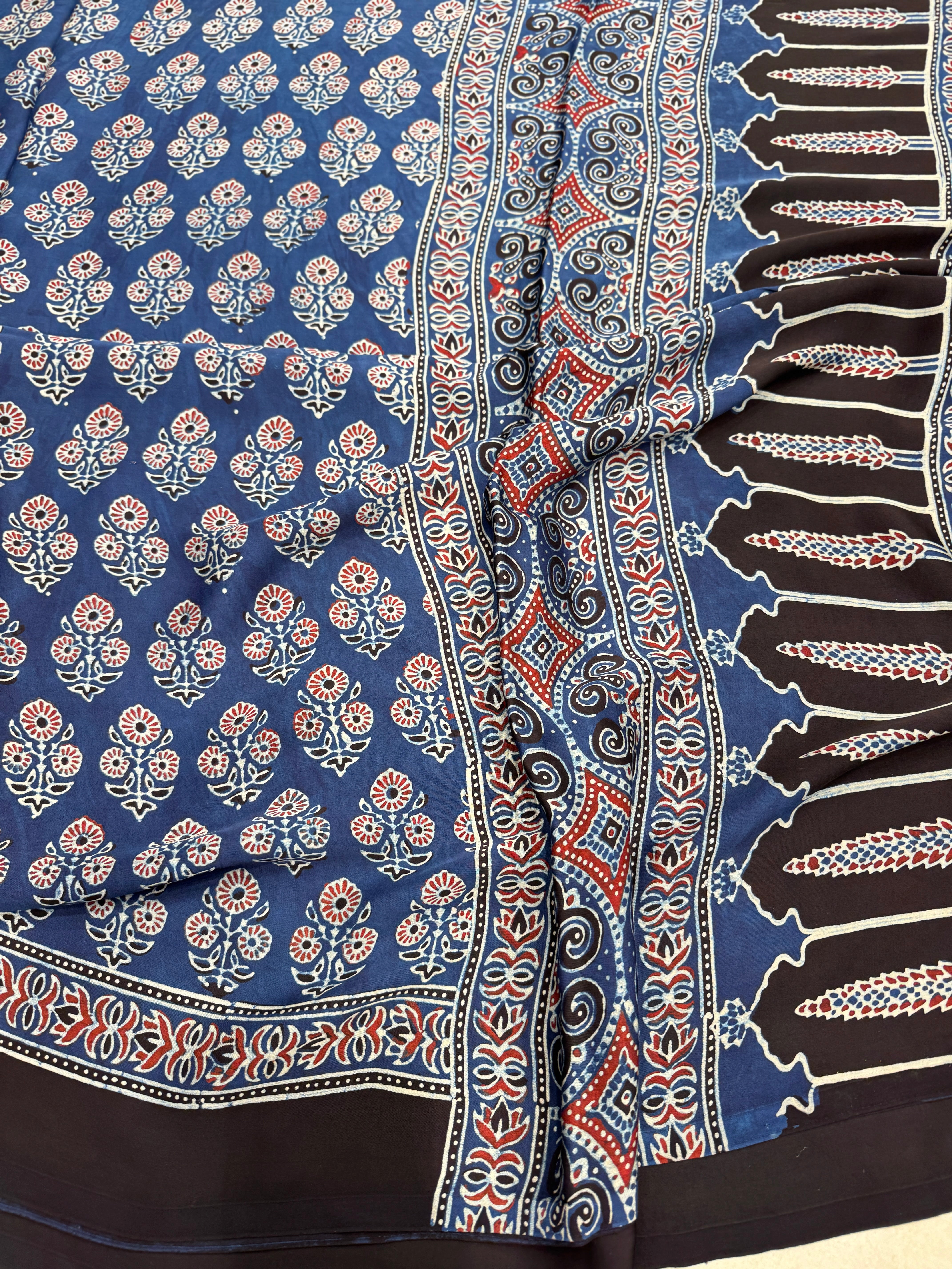 Blue Floral Buttas Hand Block Print Ajrkah Pure Gajji Silk Saree