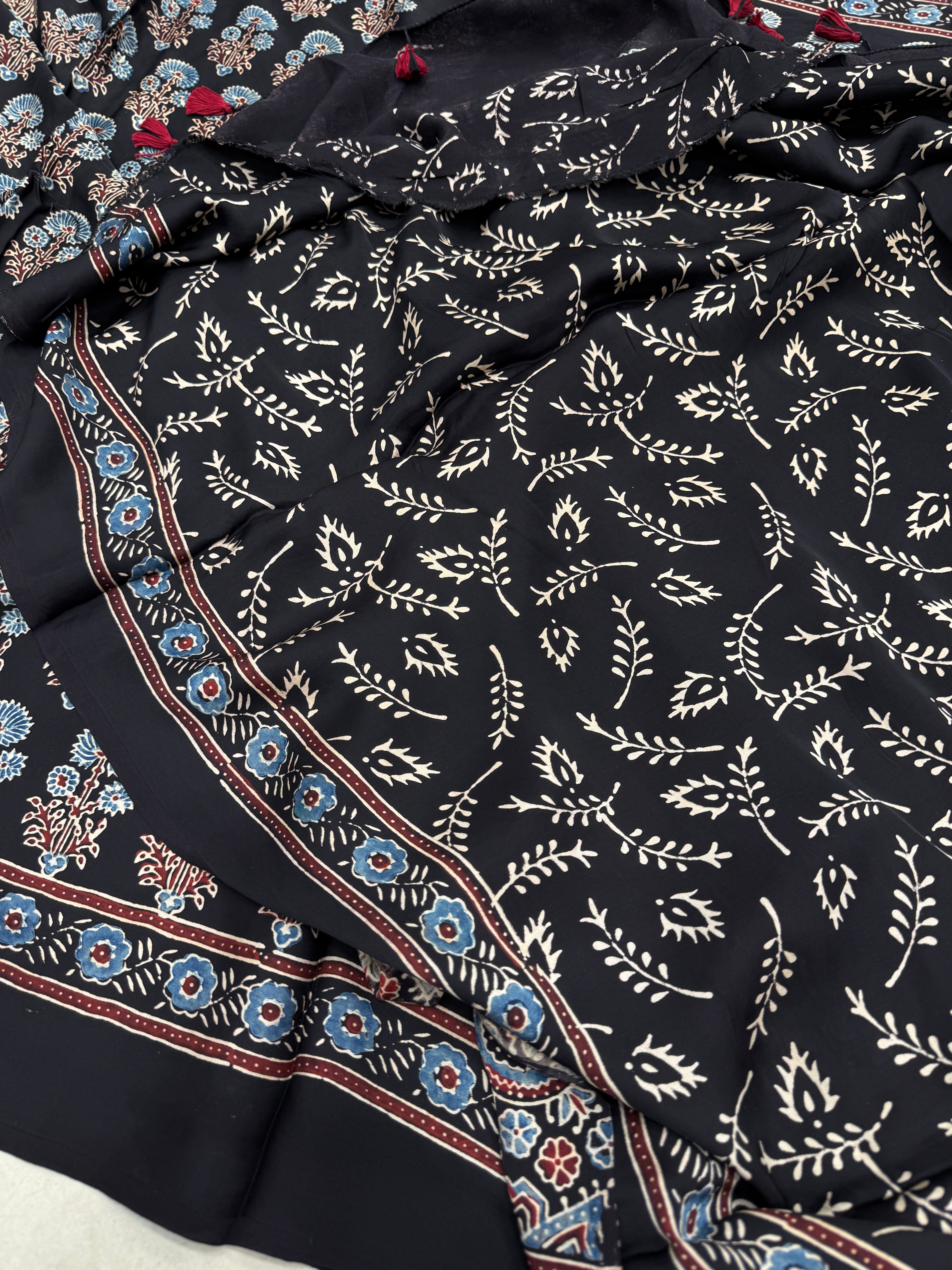 Black Big Buttis Ajrakh Block Print Hand Pure Gajji Silk Saree