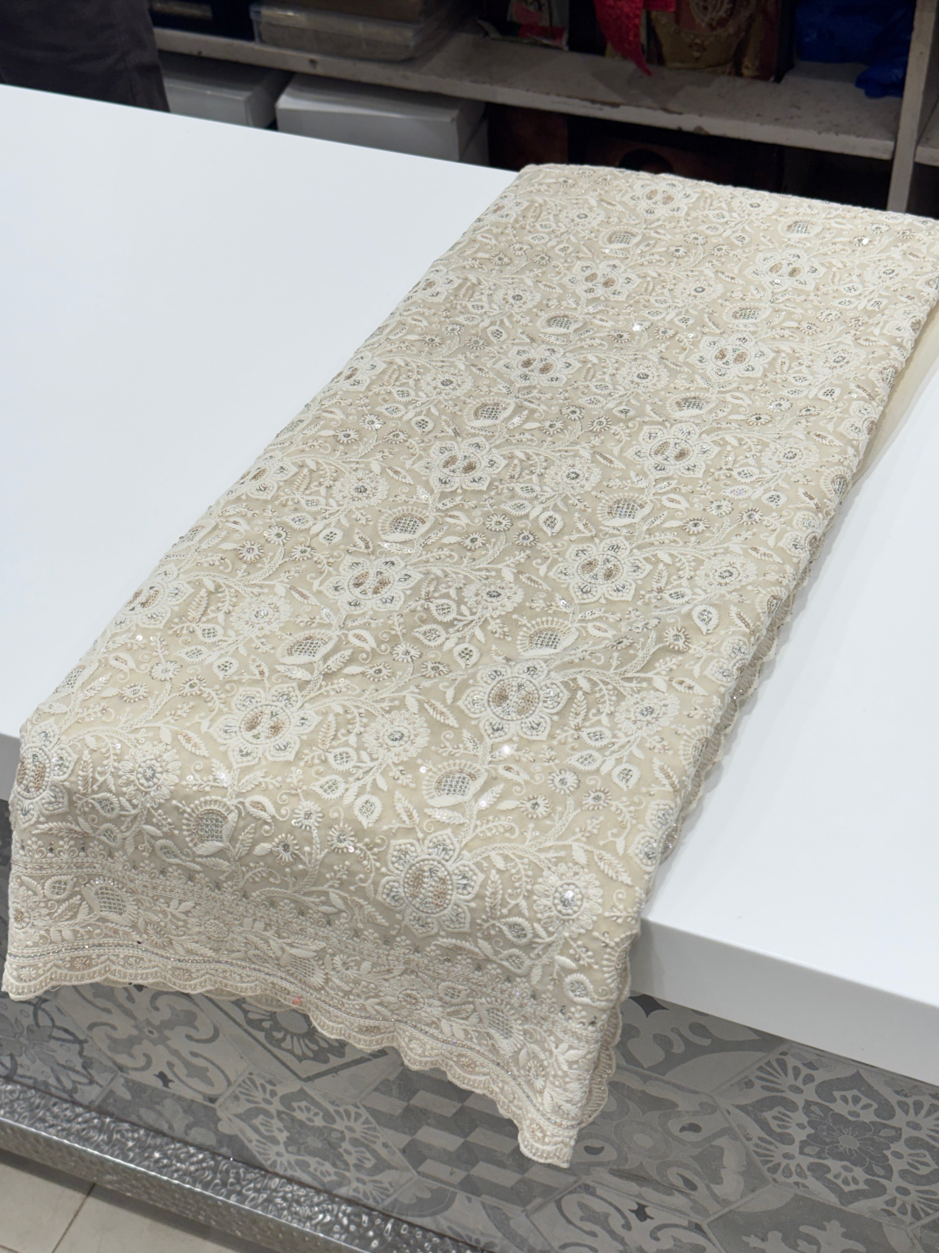Moti White Chikankari Small Scallop Design Saree