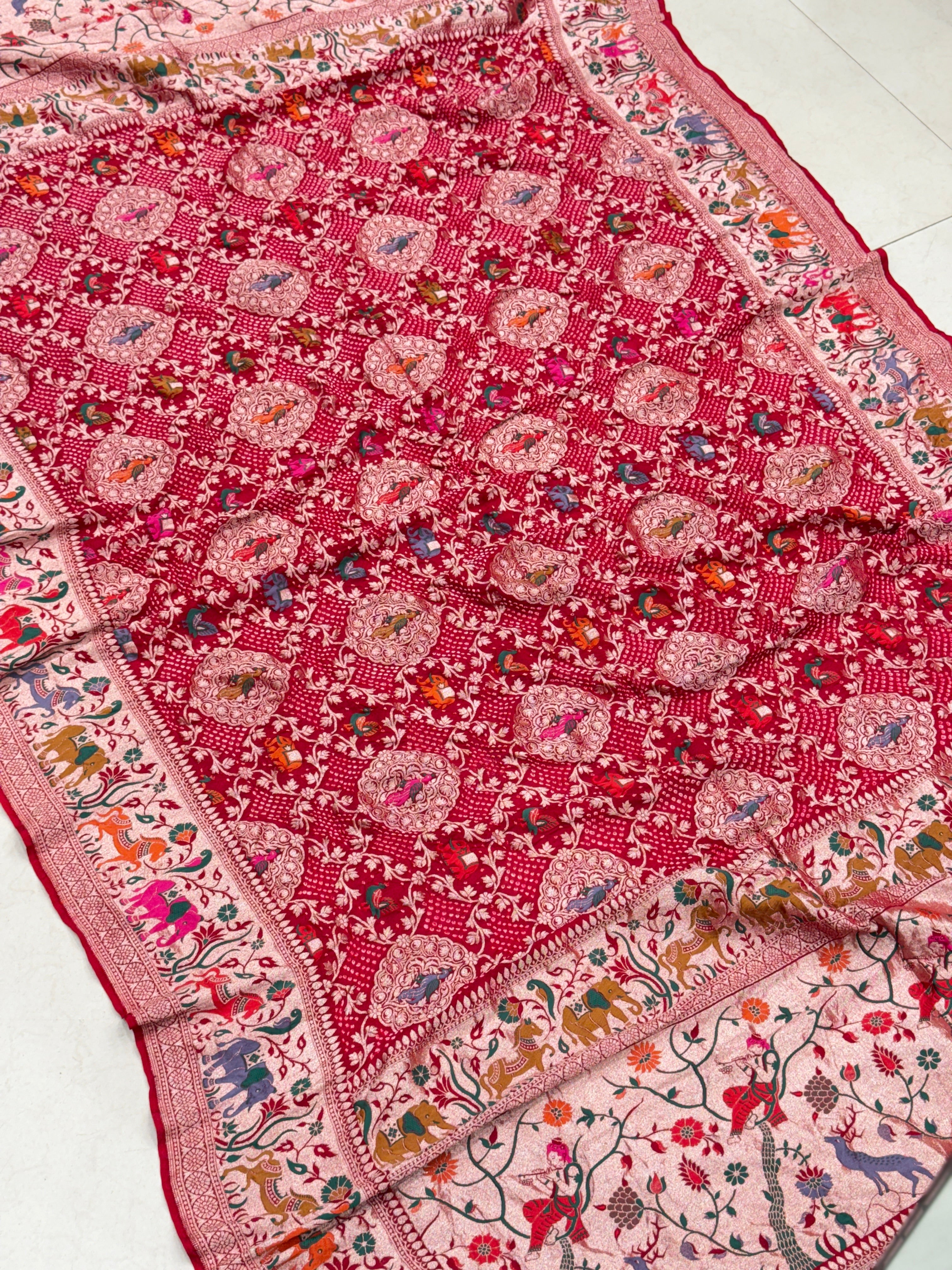 Red Handloom Meenakari Rai Bandhej Pure Zari Dupatta