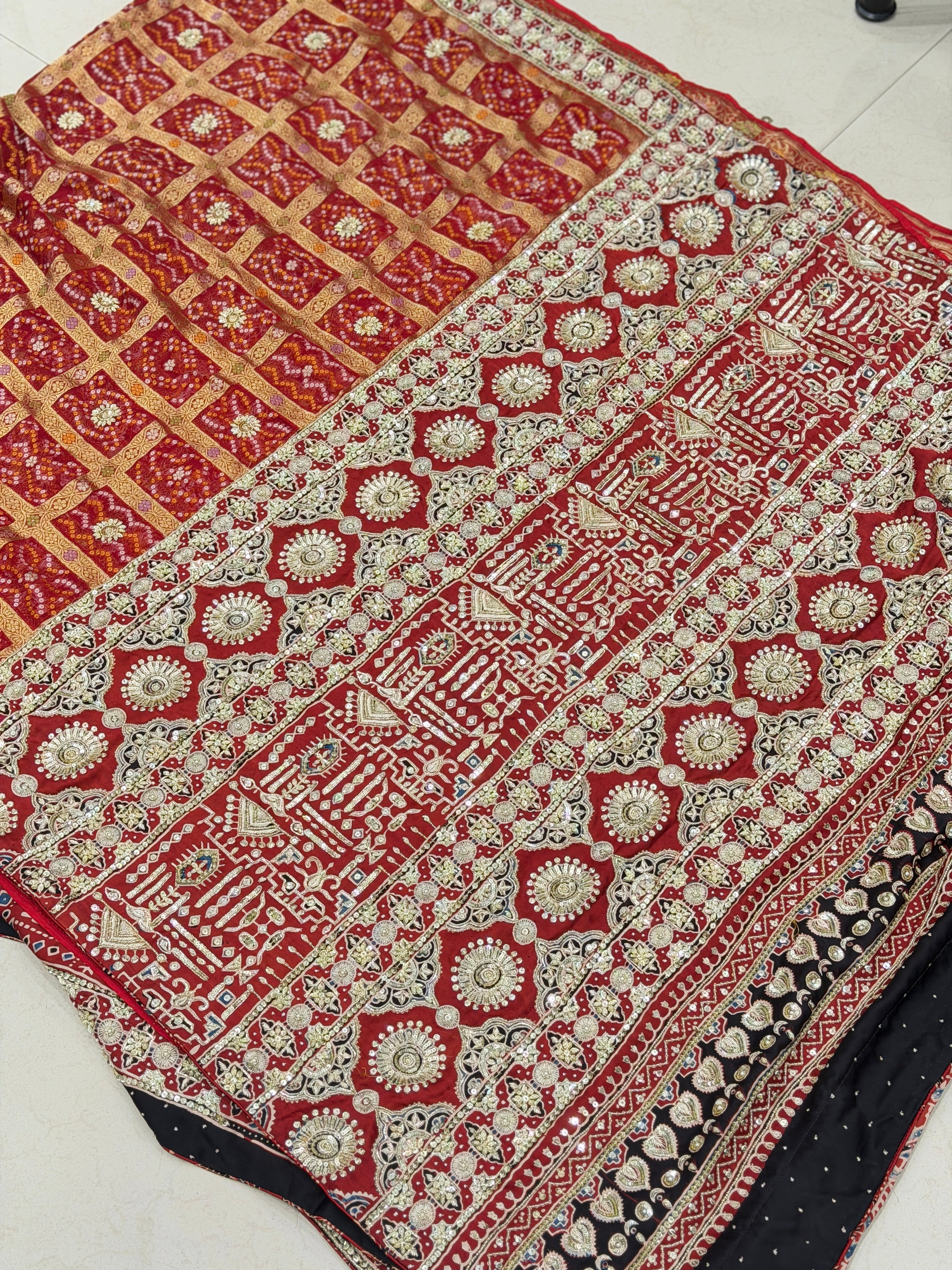 Red Gharchola Ajrakh Zardosi Pita Hand Embroidery Saree