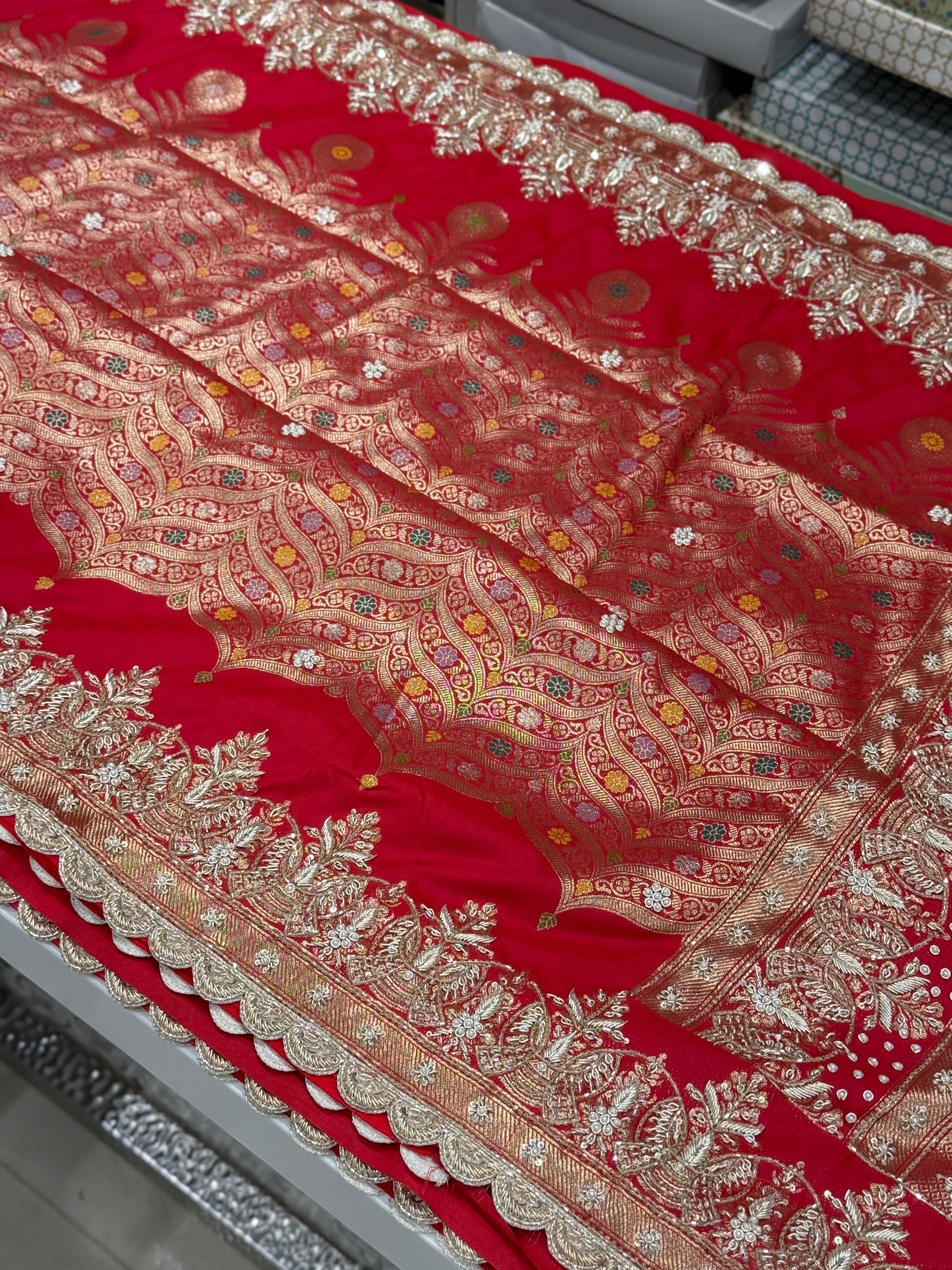 Red Banarasi Contemporary Zardosi Hand Embroidery Saree