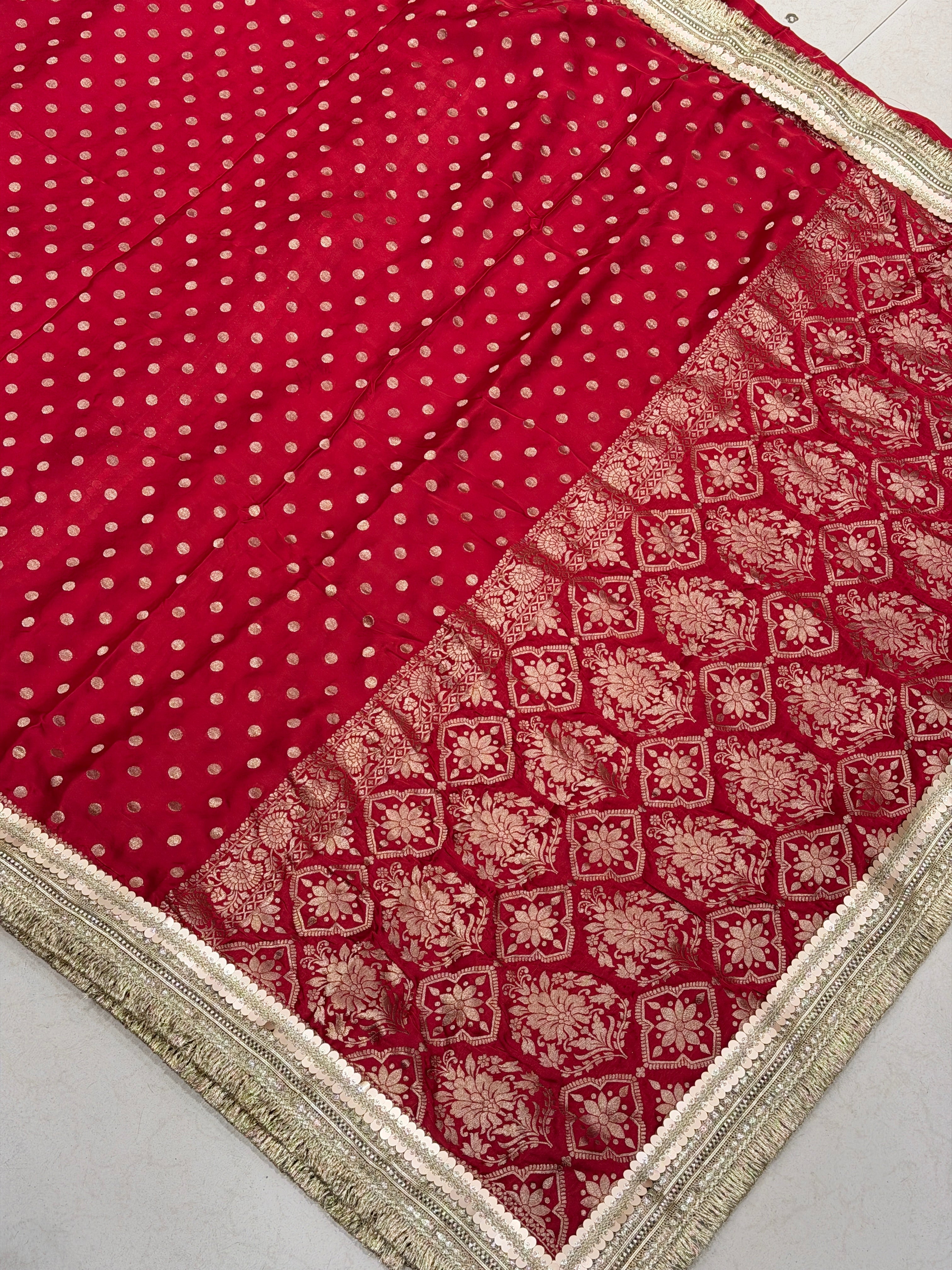 Red Polka Dot Satin Silk Maharani Lace Saree