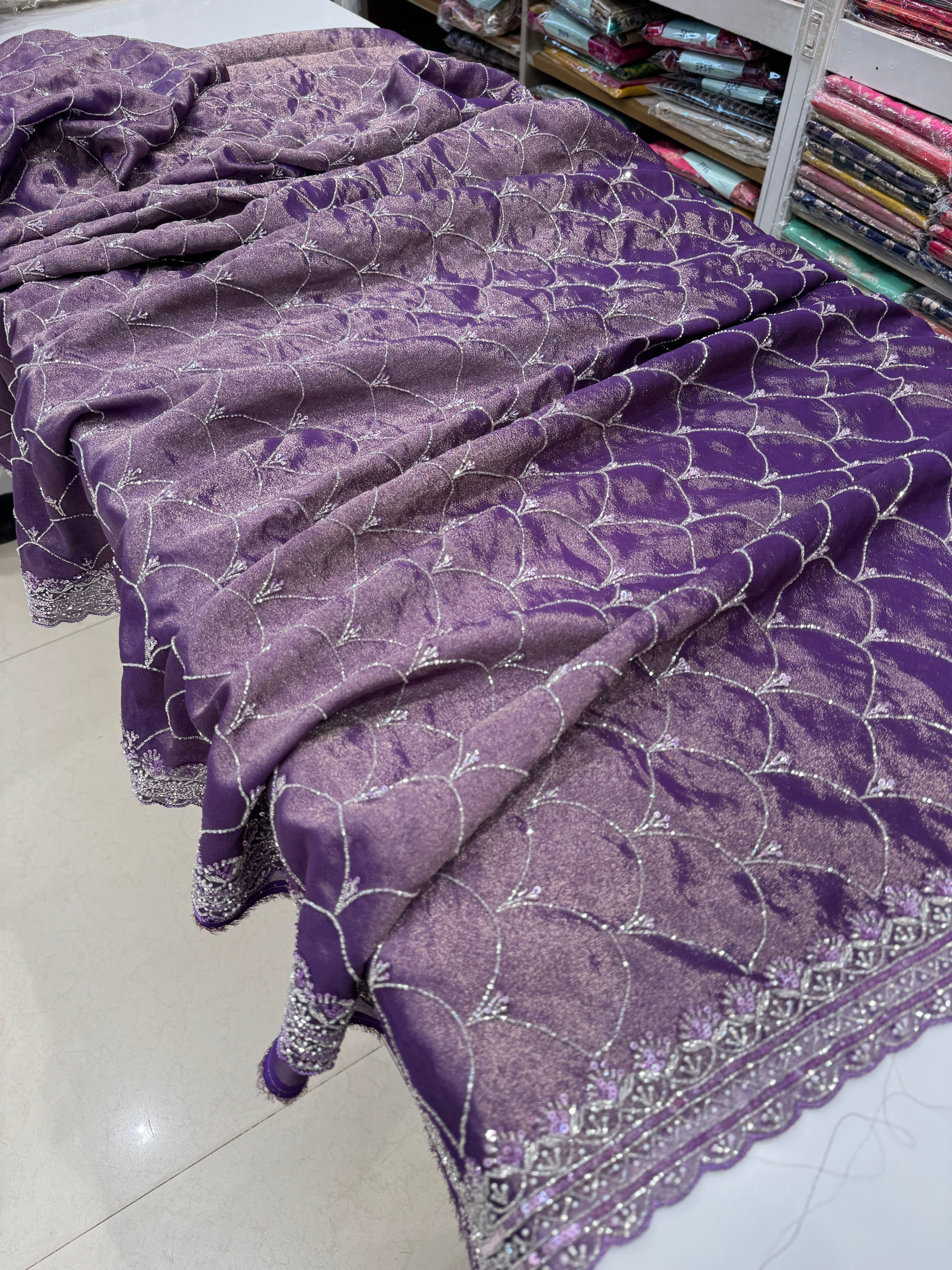 Dark Lilac Tissue Crepe Sequin Embroidery Saree