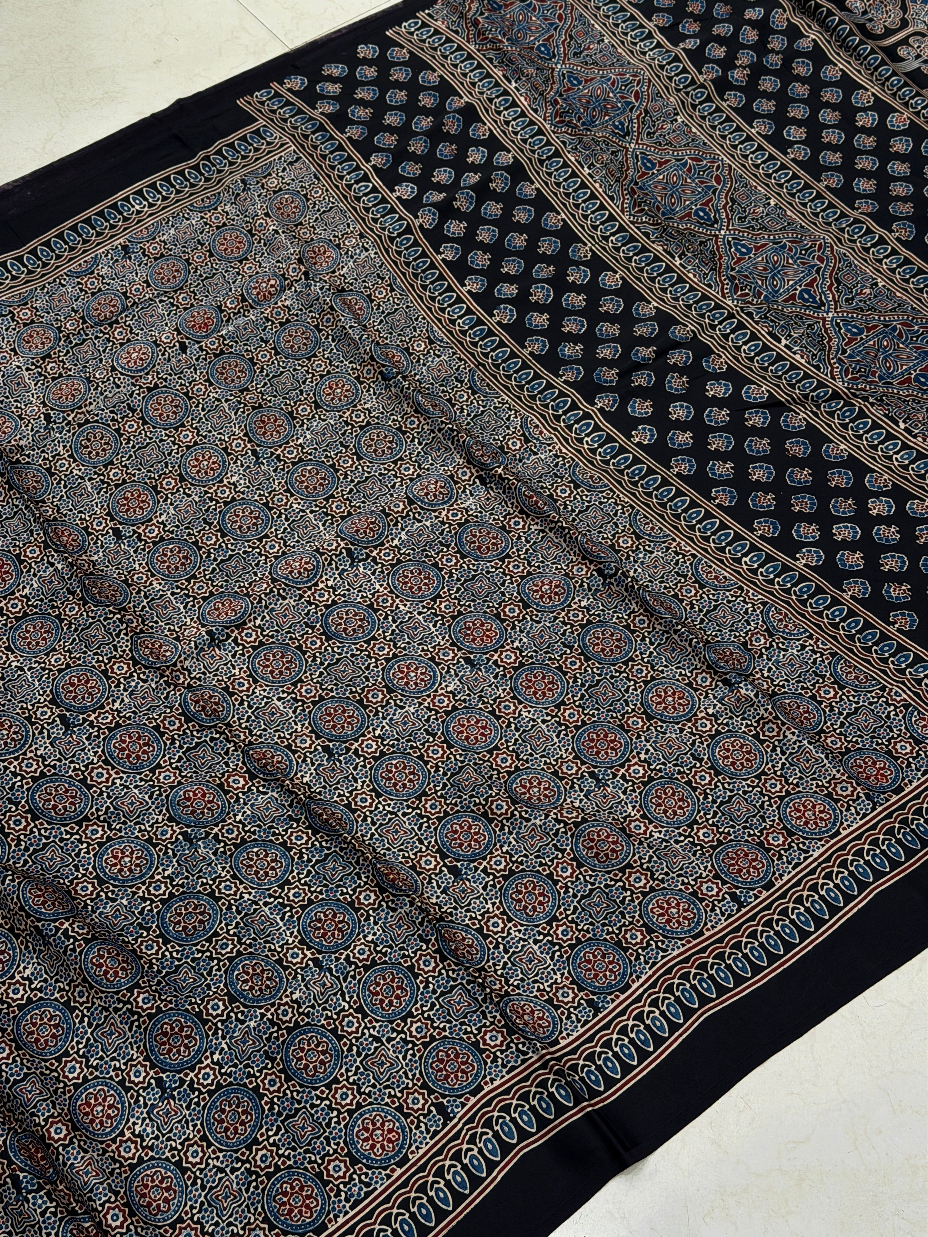 Black Star Chakri Ajrakh Hand Block Print Pure Modal Silk Saree