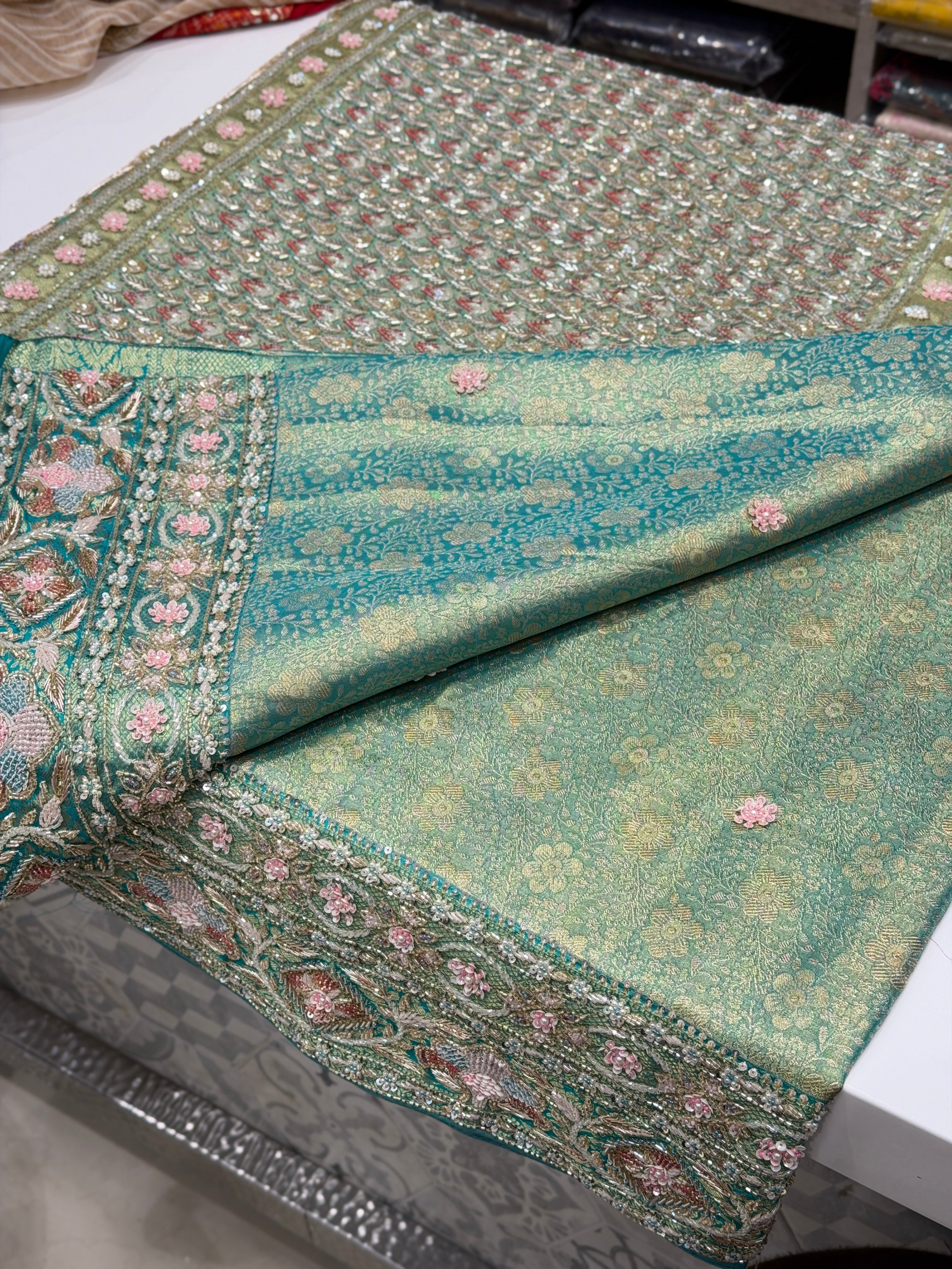 Pista Green Floral Tissue Kanjivaram Hand Embroidery Saree