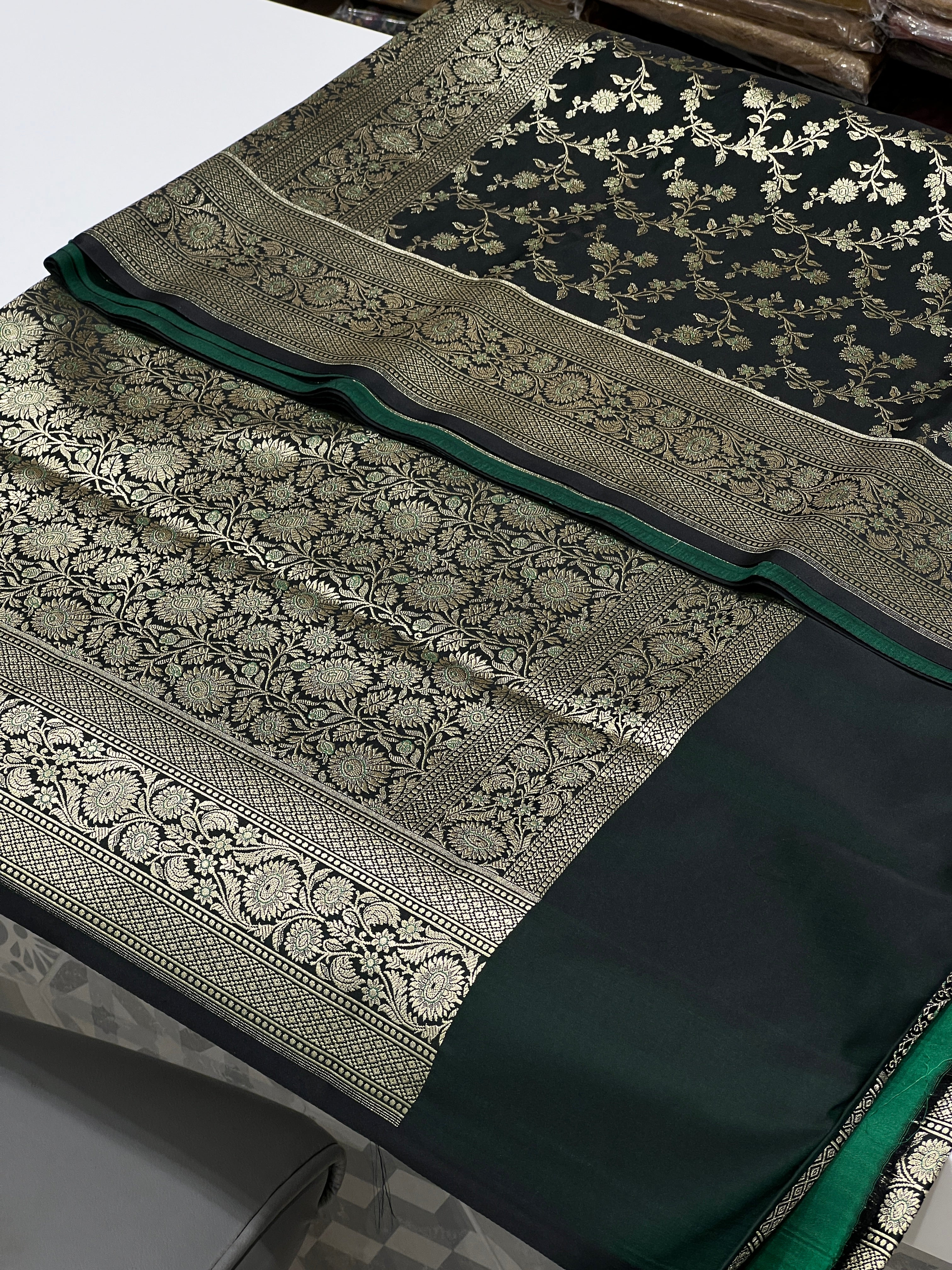 Bottle Green Banarasi Silk Flower Jaal