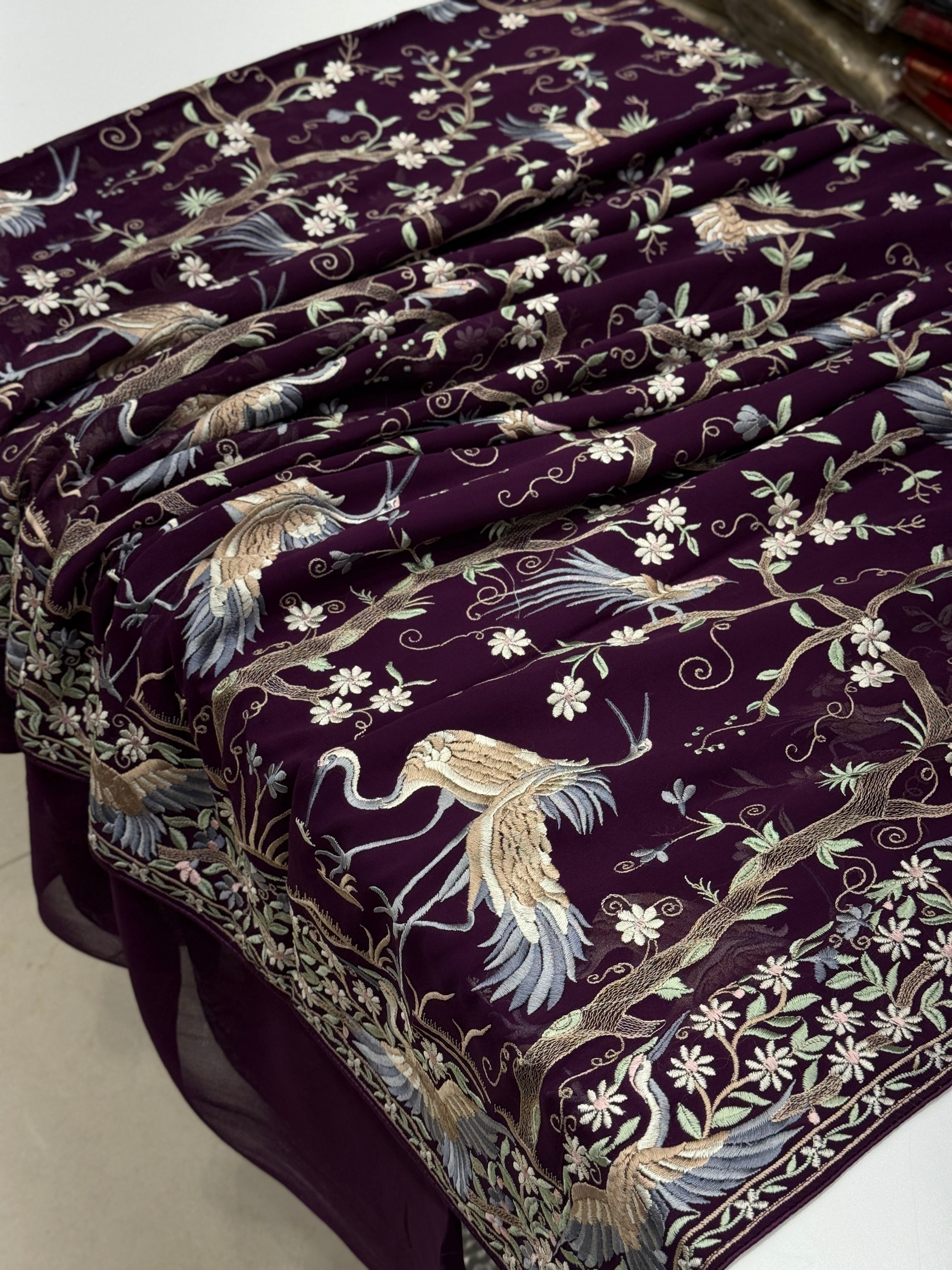 Wine Tree Of Life Flamingo Parsi Gara Saree