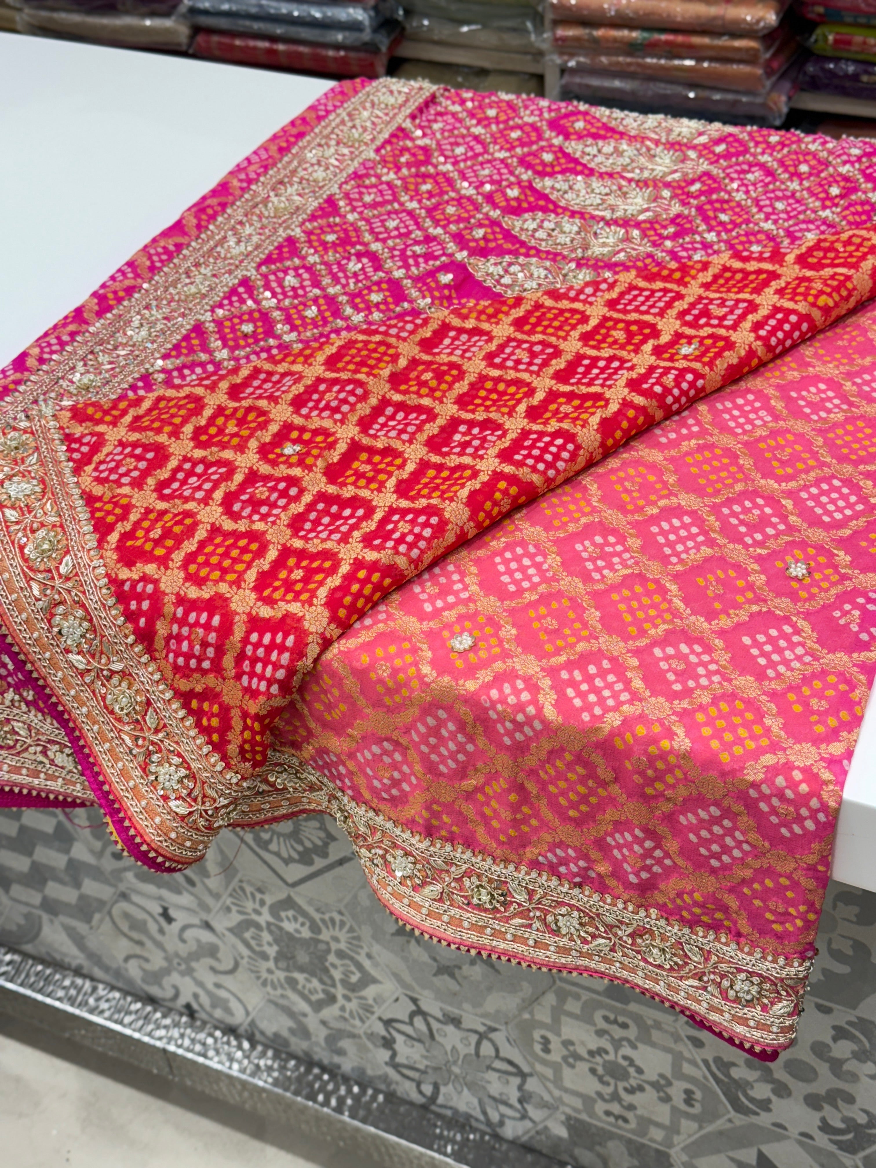 Six Colour Shaded Hand Embroidery Bandhej Saree