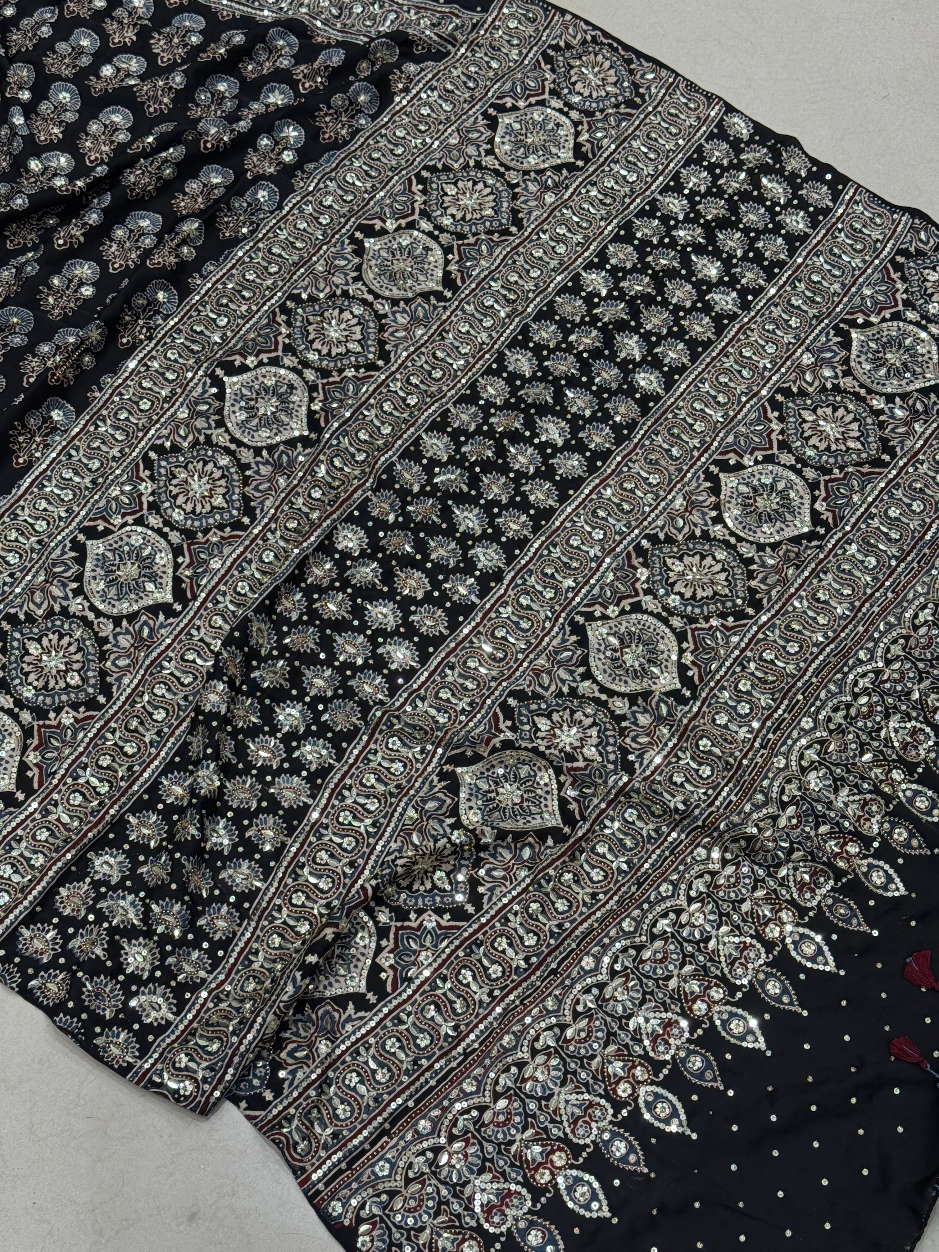 Black Floral Buttas Sequin Ajrakh Hand Embroidery Saree