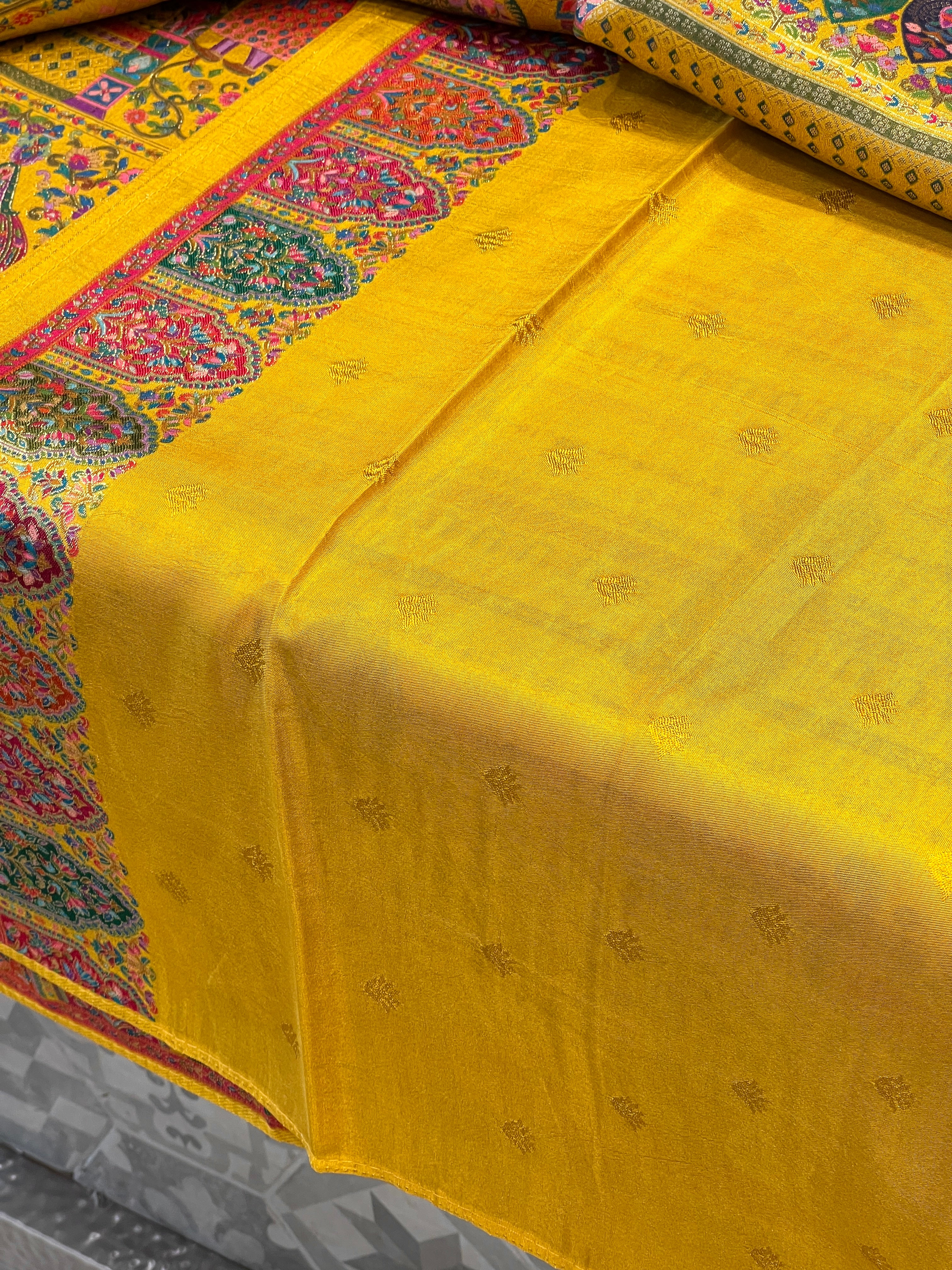 Yellow Pashmina Style Darbar Silk Saree