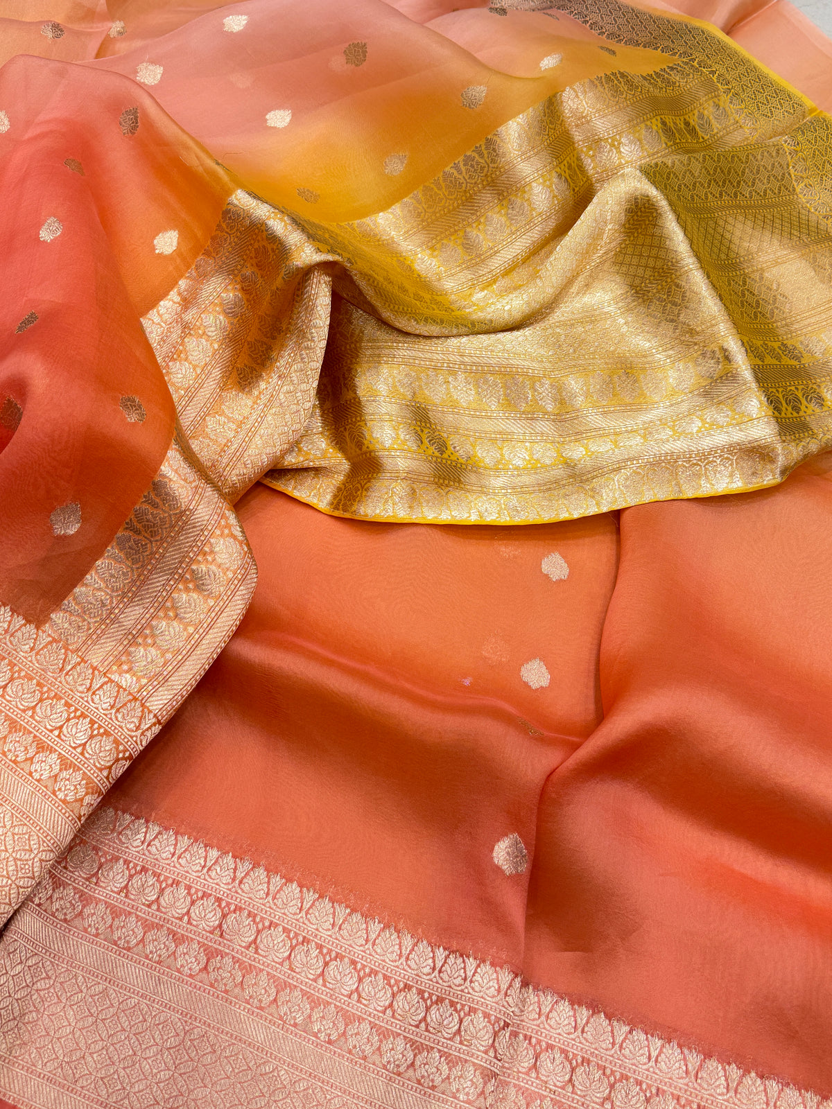 Orange Shaded Handloom Banarasi Kora Buttis Saree