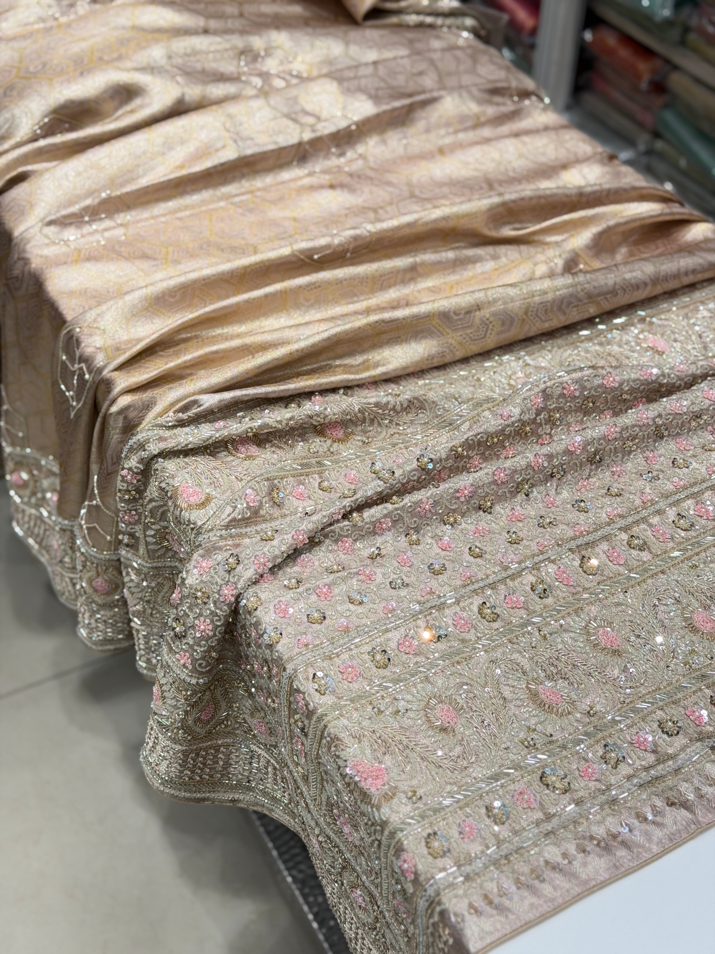 Nude Pink Silver Kanjivaram Three Zari Hand Embroidery Zardosi Moti Sequin Saree