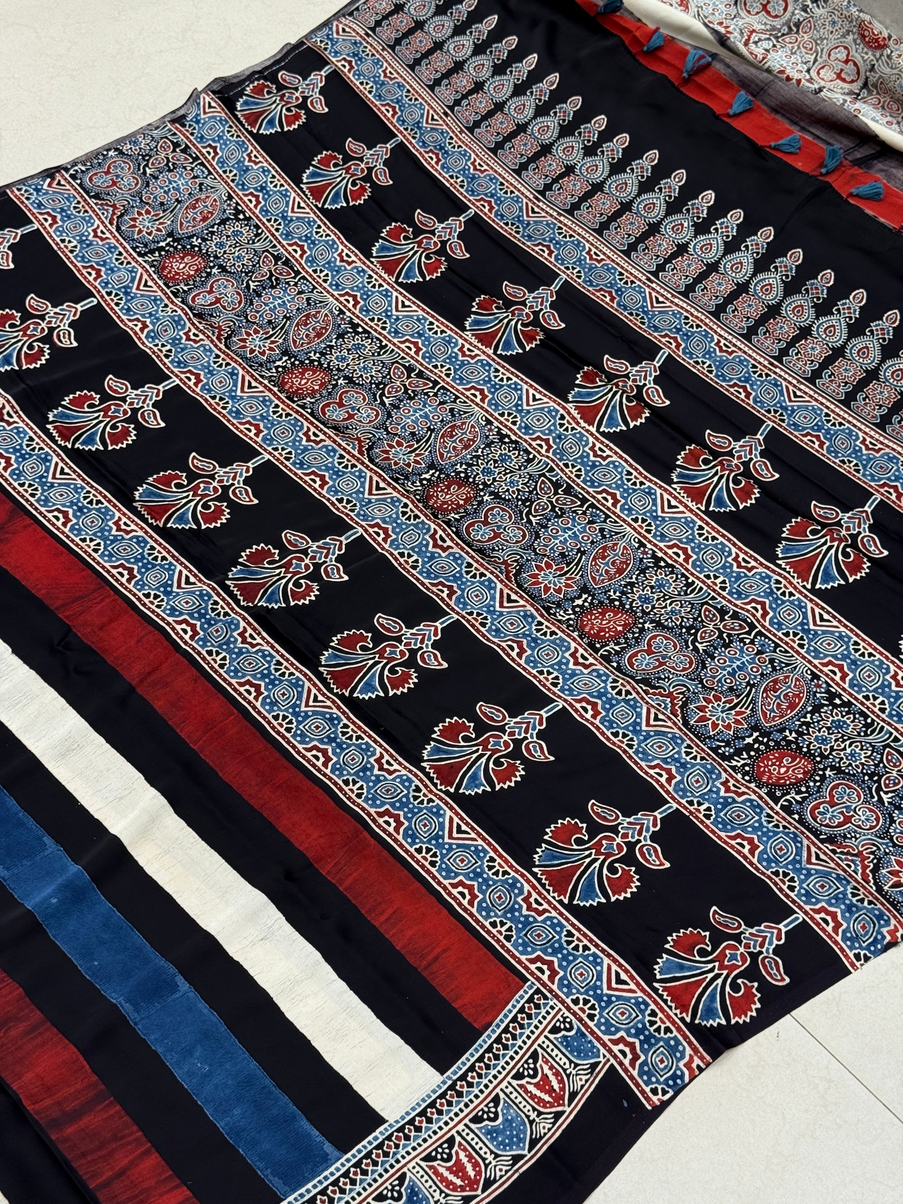 Contemporary Multi Ajrakh Block Print Hand Pure Gajji Silk Saree