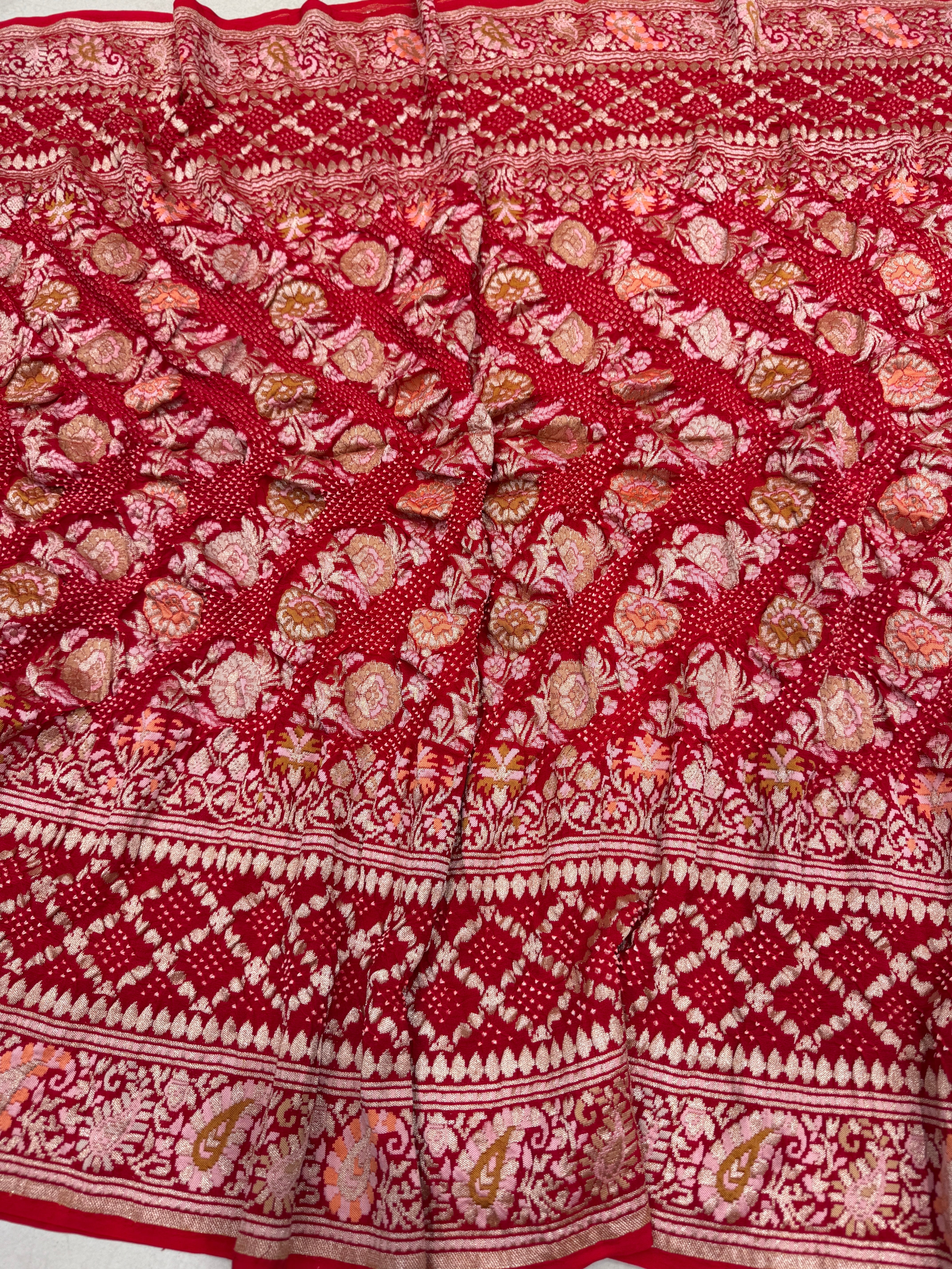 Red Double Border Meenakari Rai Bandhej Georgette Bandhini Saree