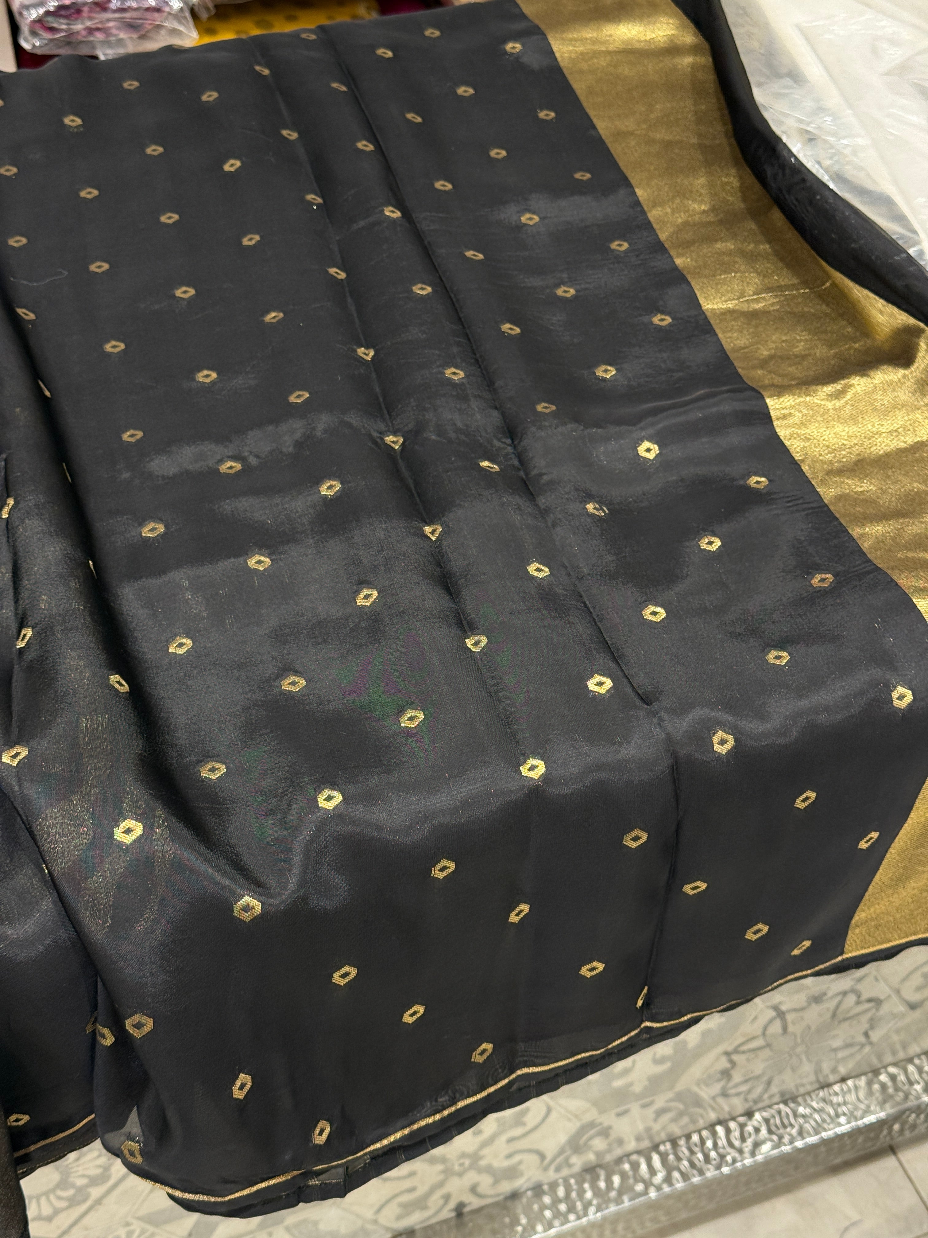 Black Munga Tissue Silk Contemporary Tiger Weave Banarasi Saree