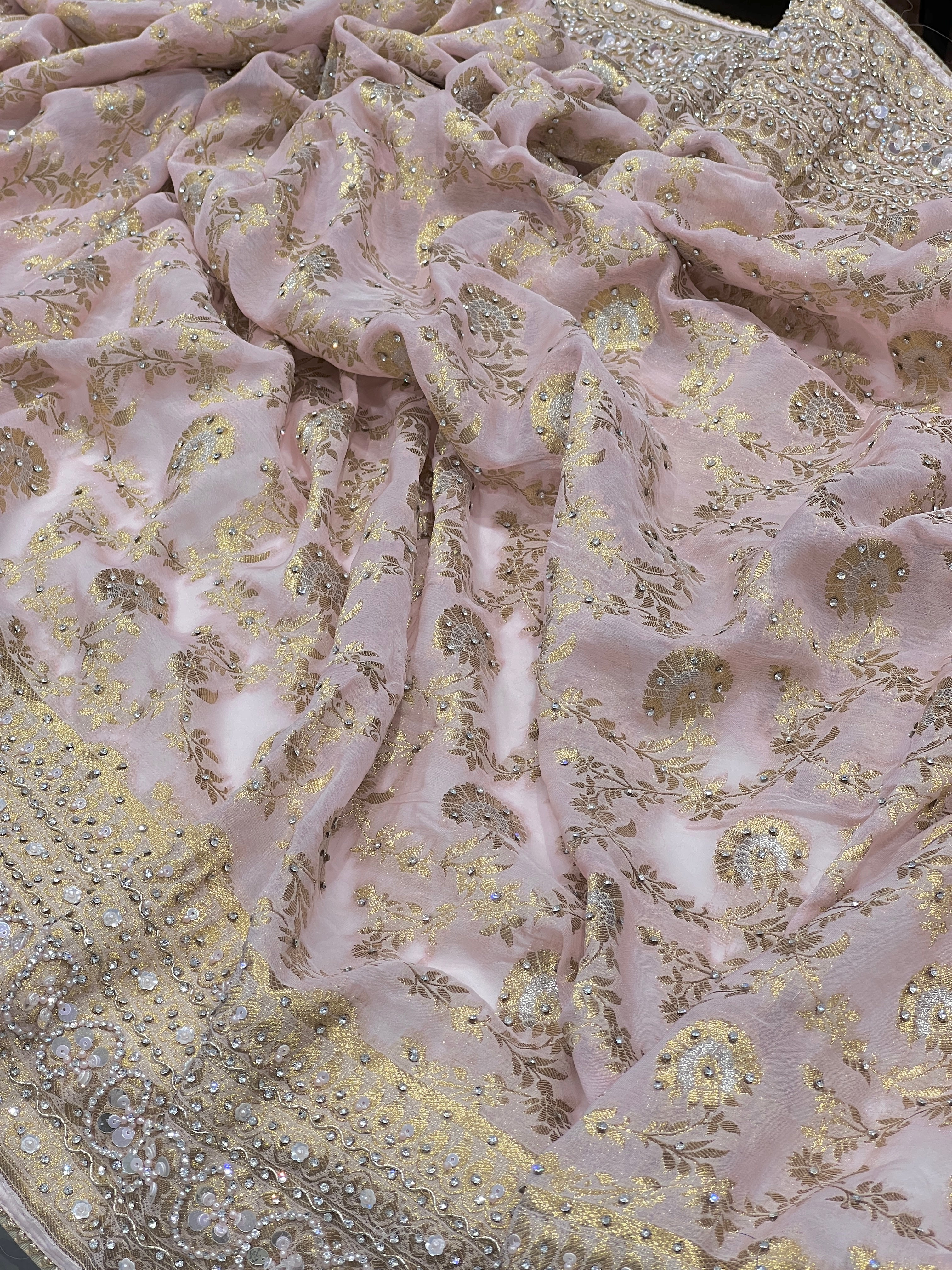 Baby Pink Khaddi Georgette Hand Embroidery Saree