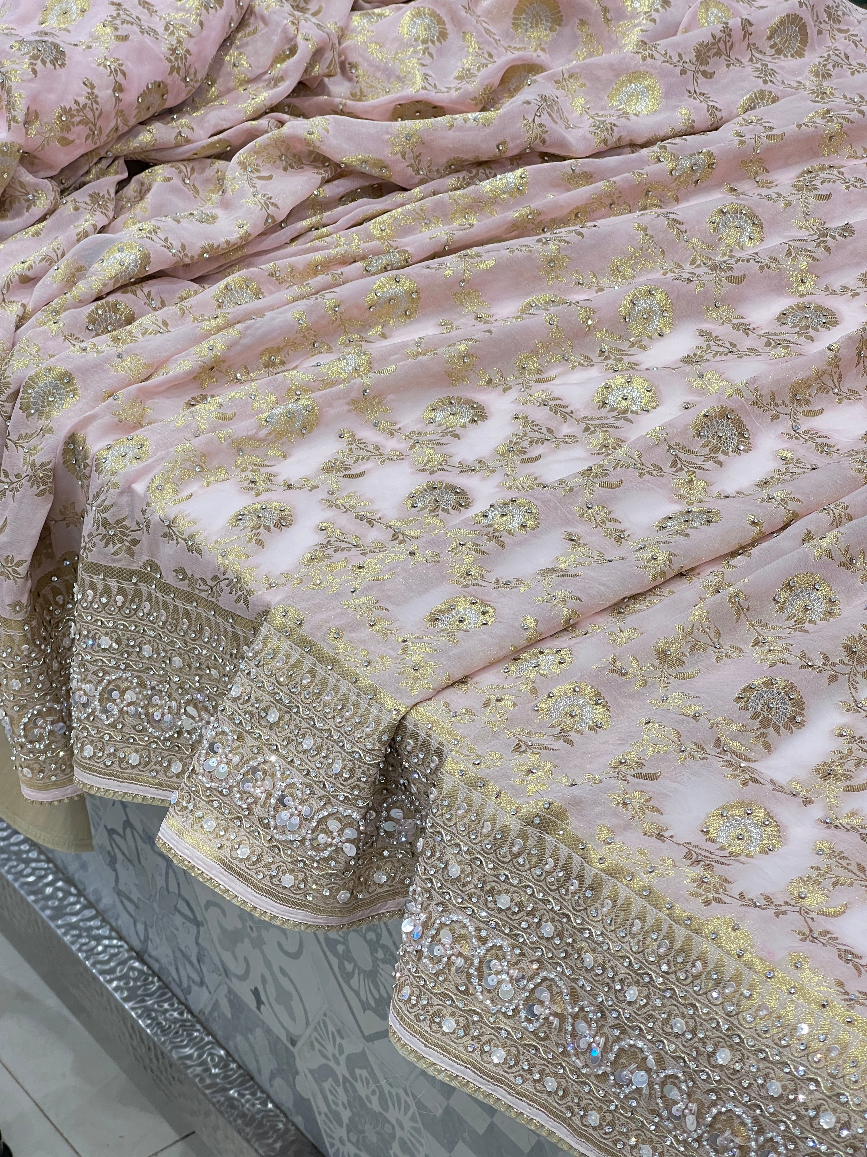 Baby Pink Khaddi Georgette Hand Embroidery Saree