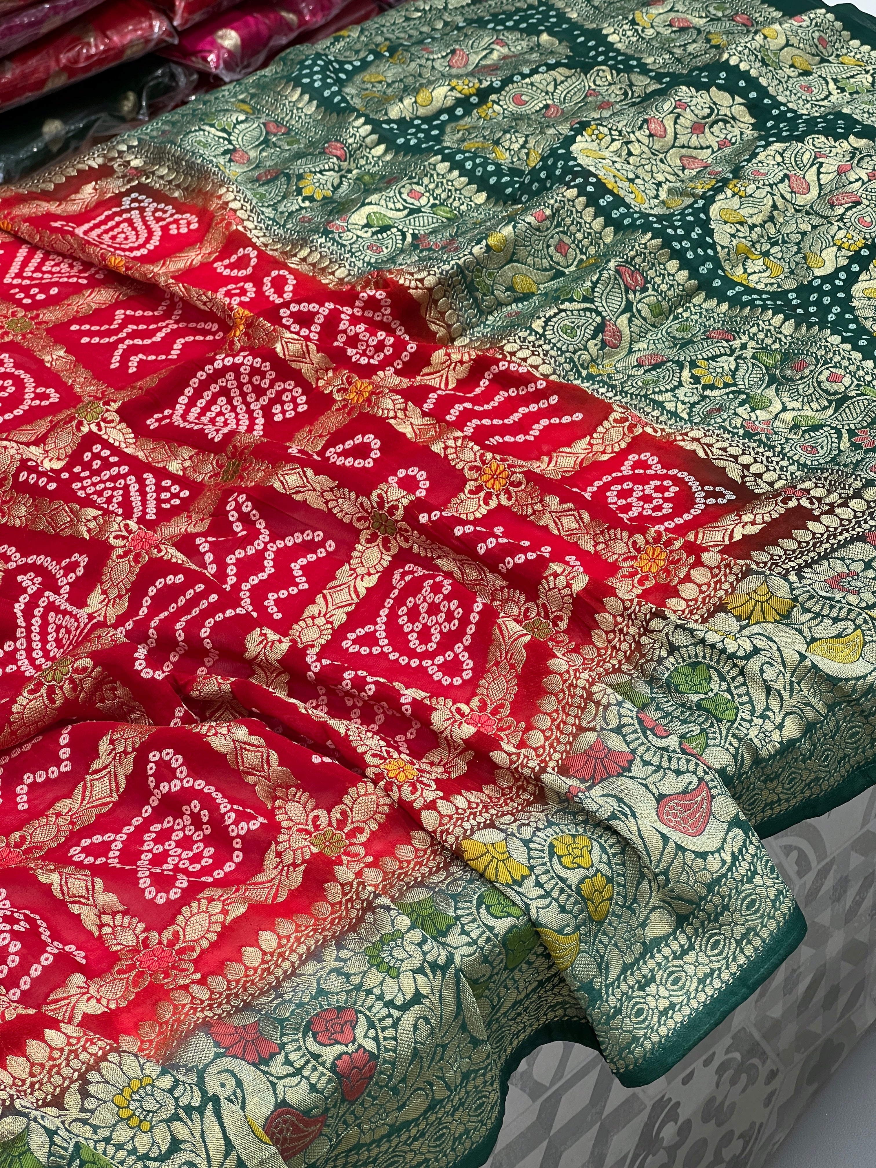 Red Green Georgette Gharchola Saree