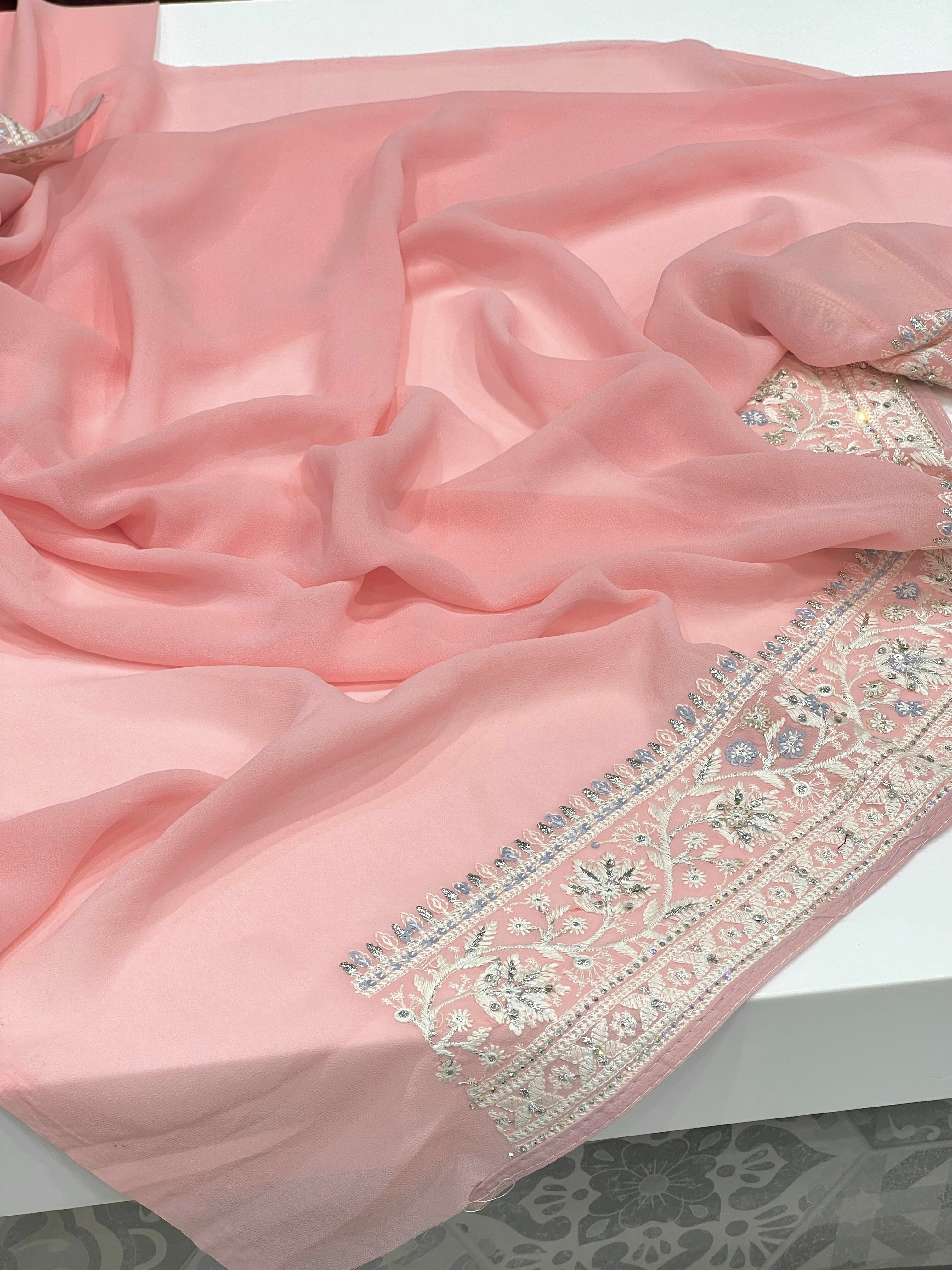 Pink Chikankari Saree Floral Design