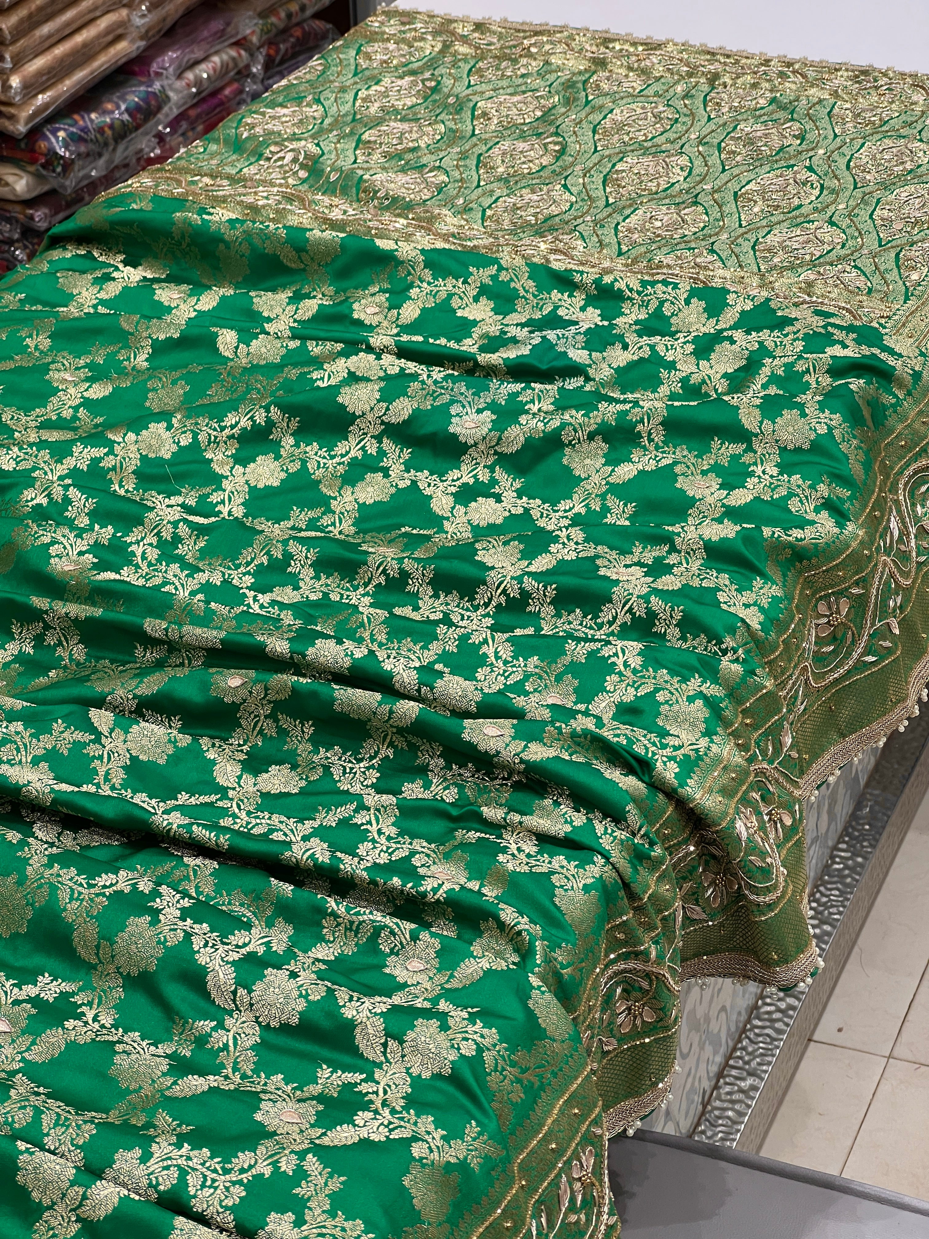 Green Banarasi Silk Jaal Zardozi Saree