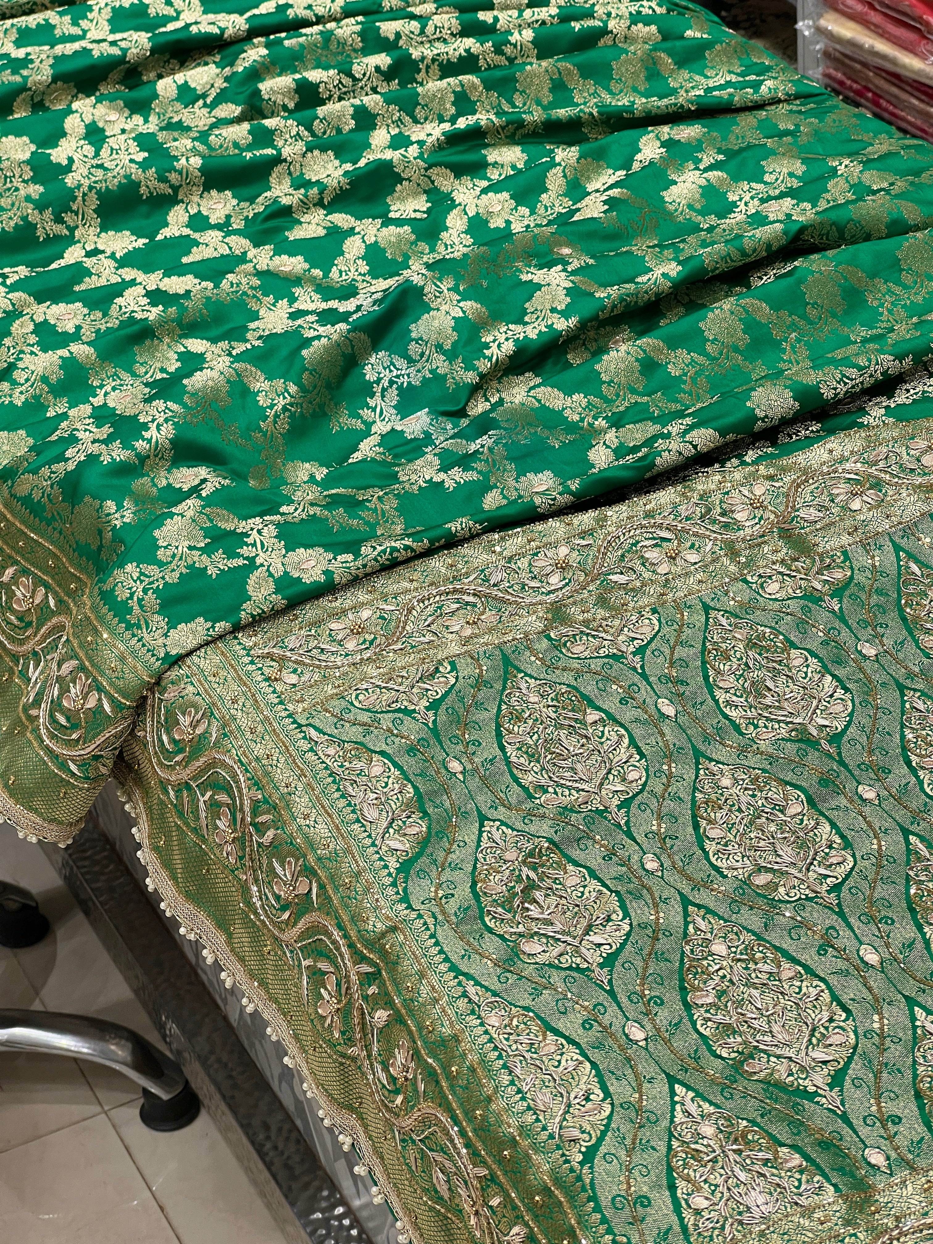 Green Banarasi Silk Jaal Zardozi Saree