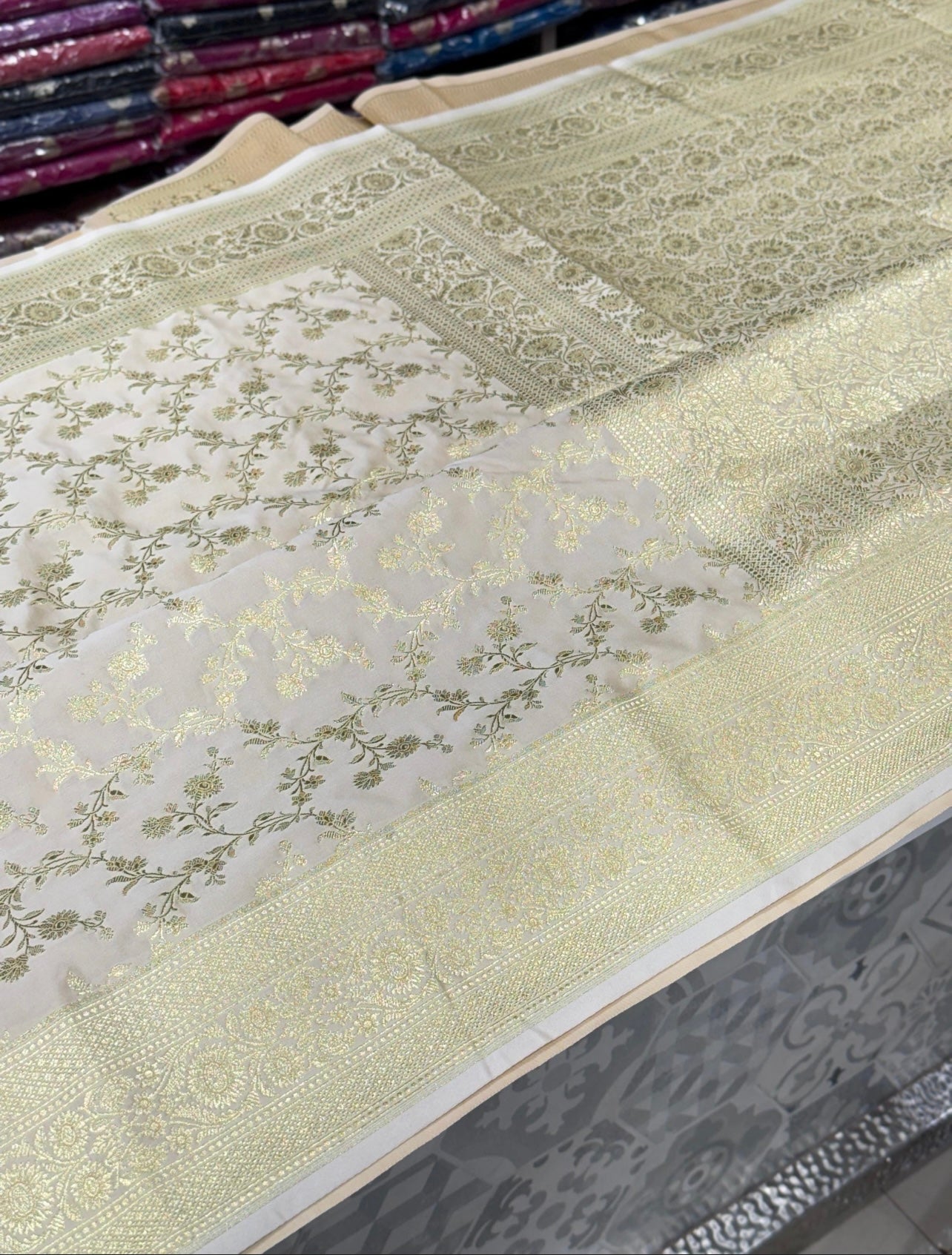 Beige Banarasi Silk Flower Border Saree