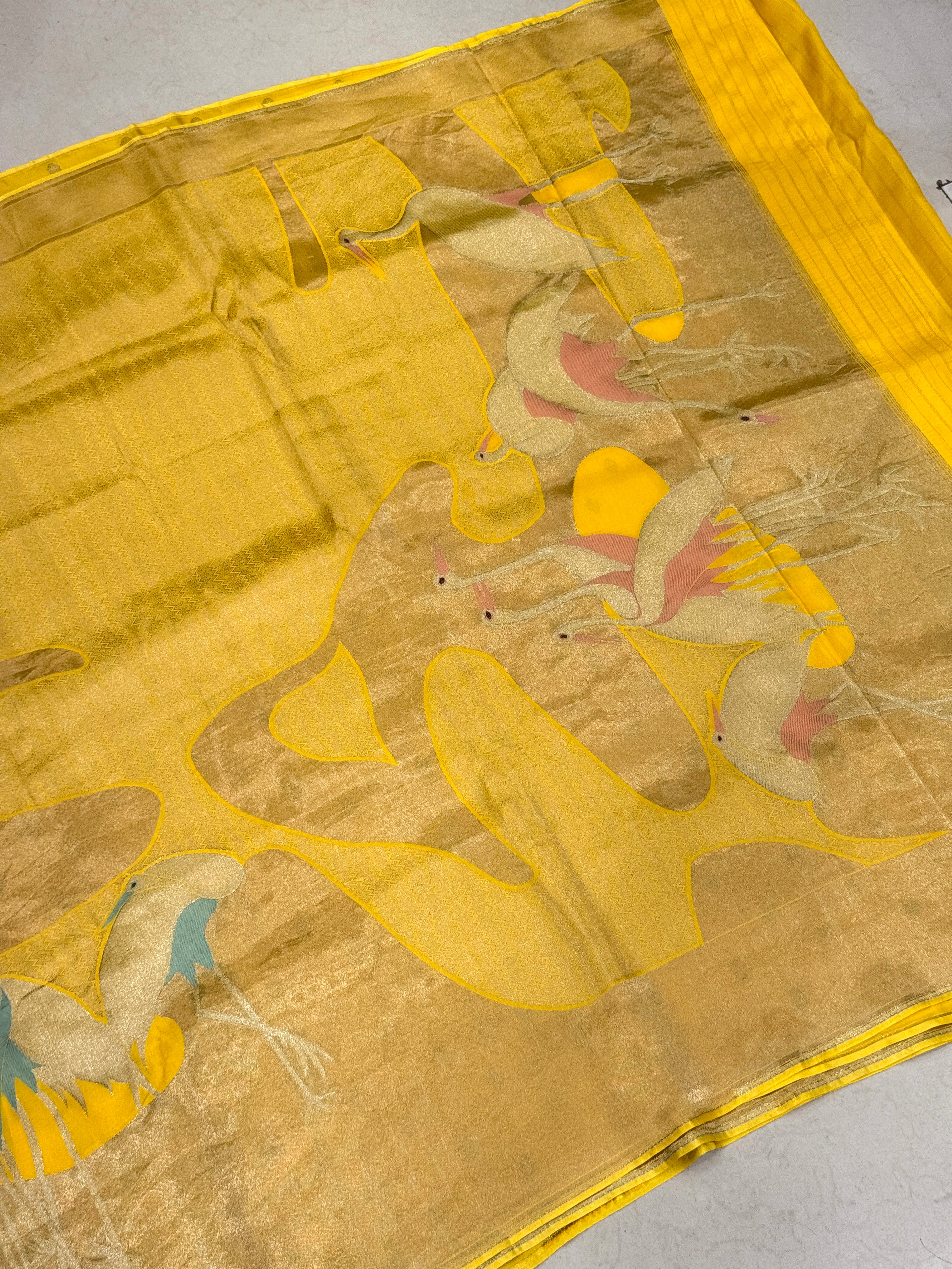 Yellow Tissue Munga Crane Saree