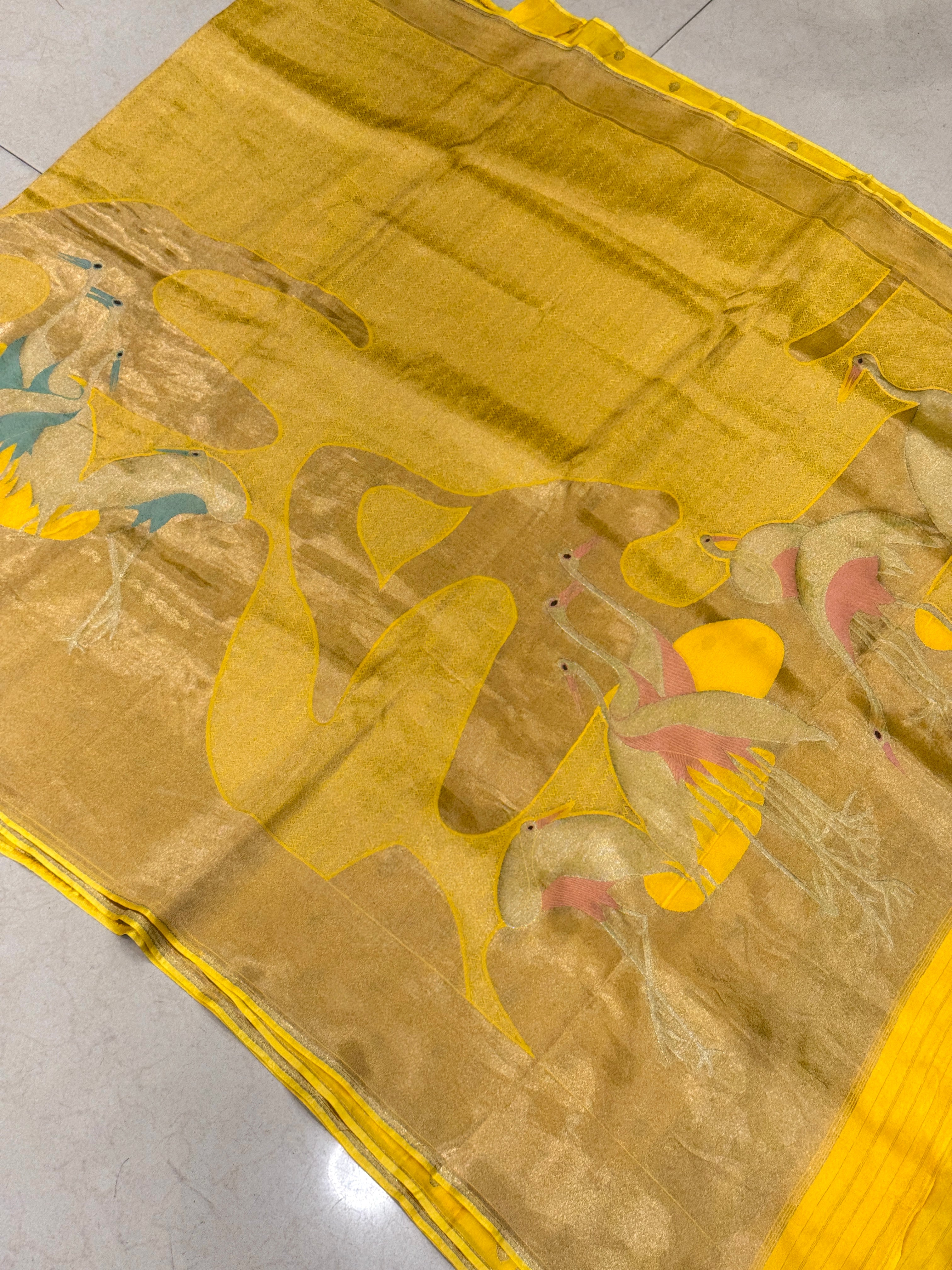 Yellow Tissue Munga Crane Saree