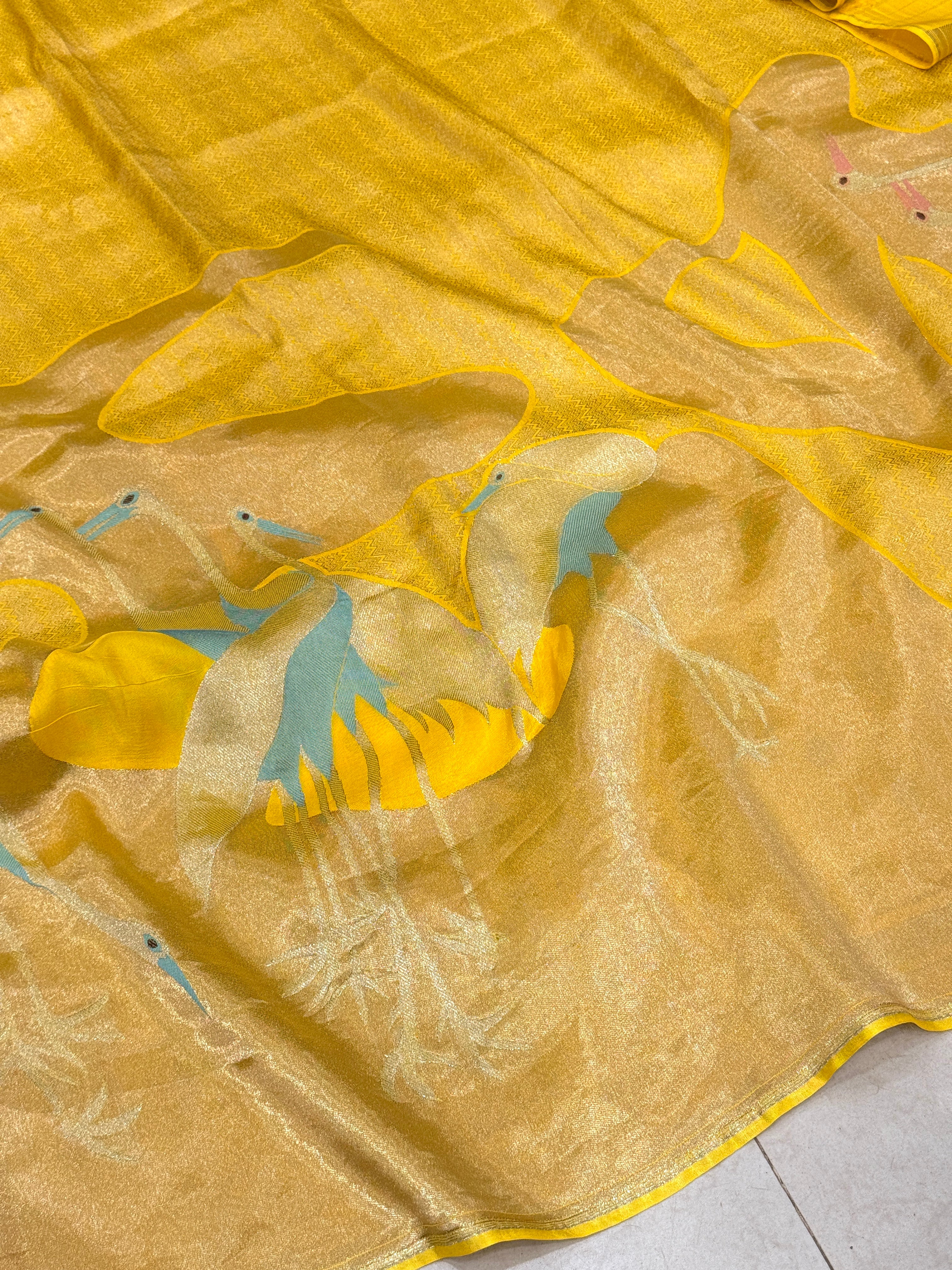 Yellow Tissue Munga Crane Saree