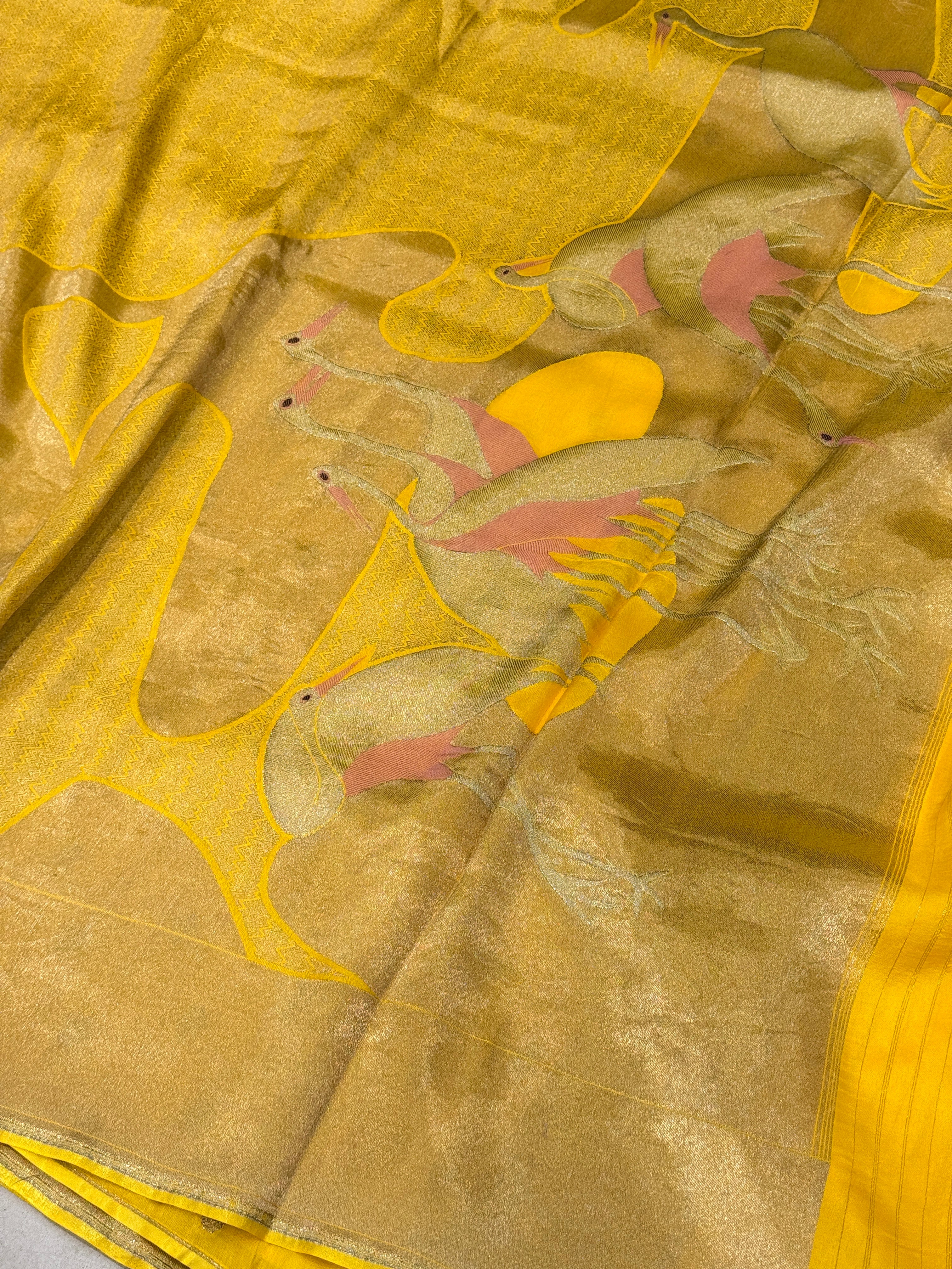 Yellow Tissue Munga Crane Saree
