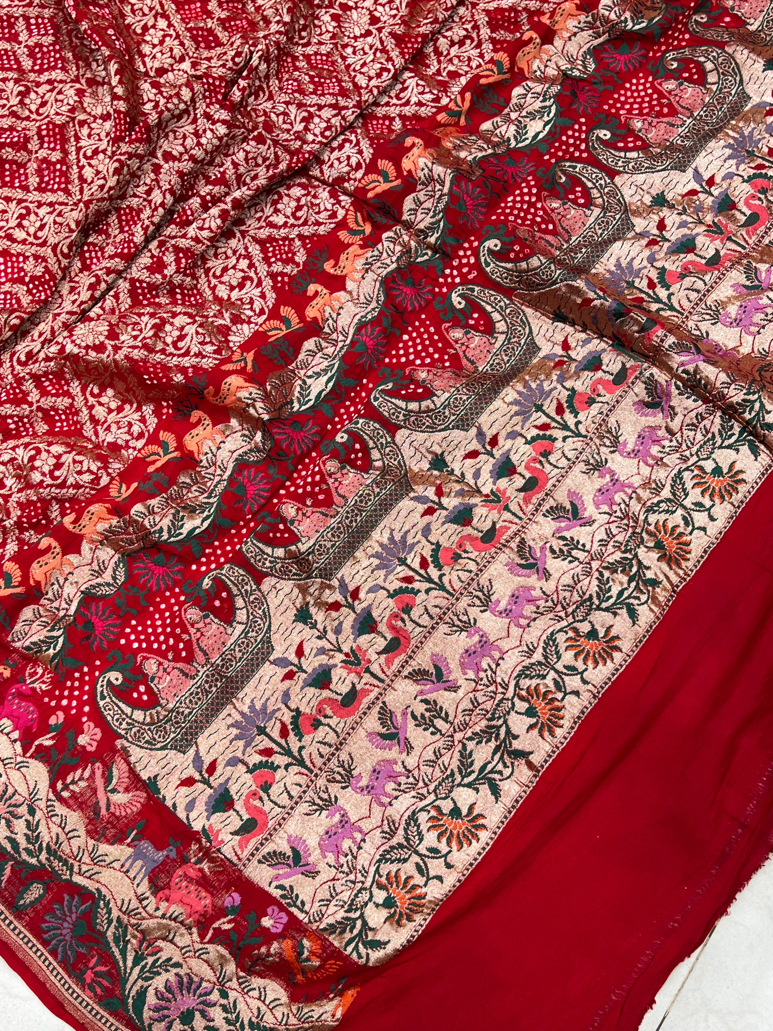 Red Jungle Design Handloom Meenakari Rai Bandhej Pure Zari Dupatta