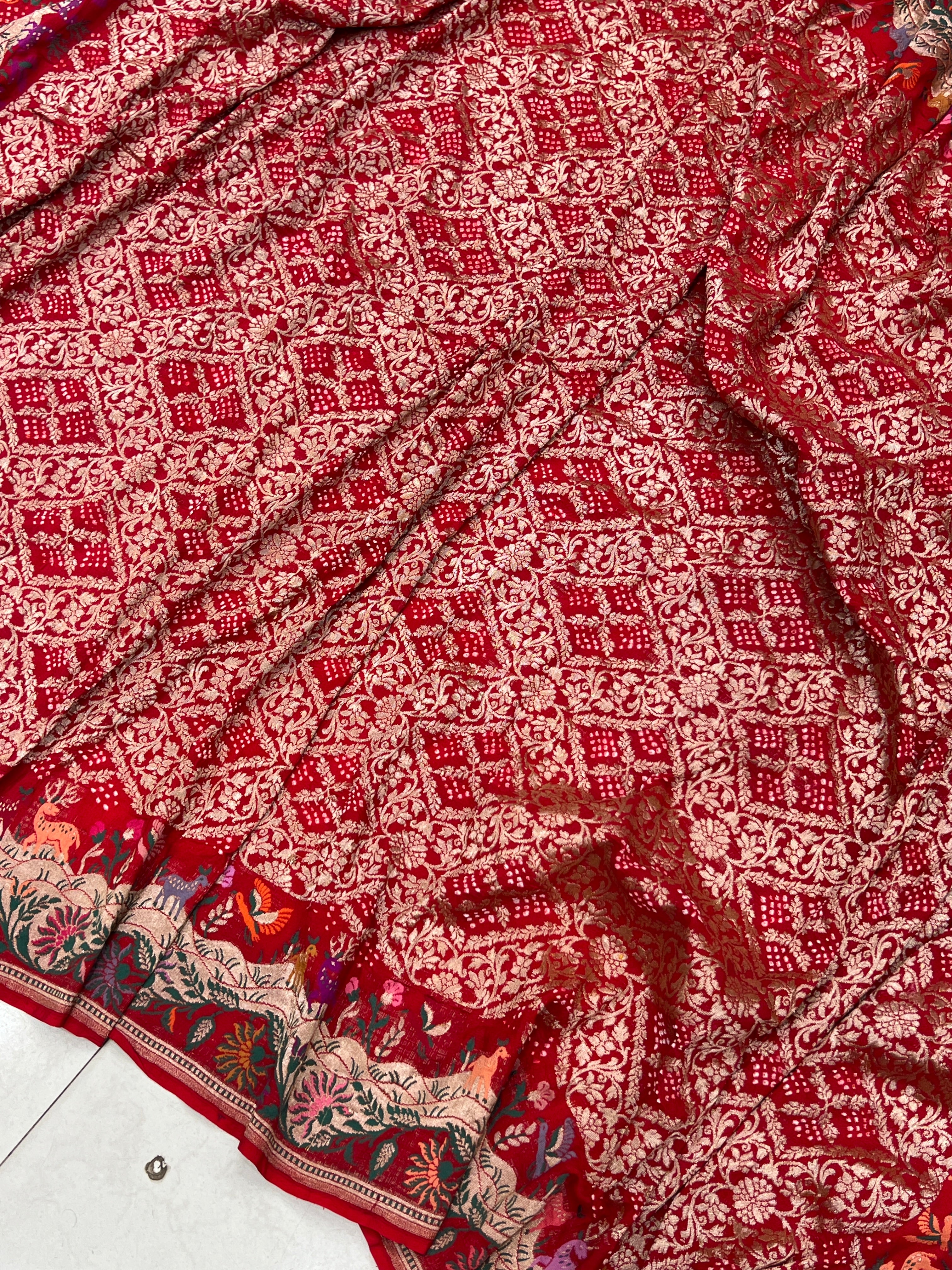 Red Jungle Design Handloom Meenakari Rai Bandhej Pure Zari Dupatta