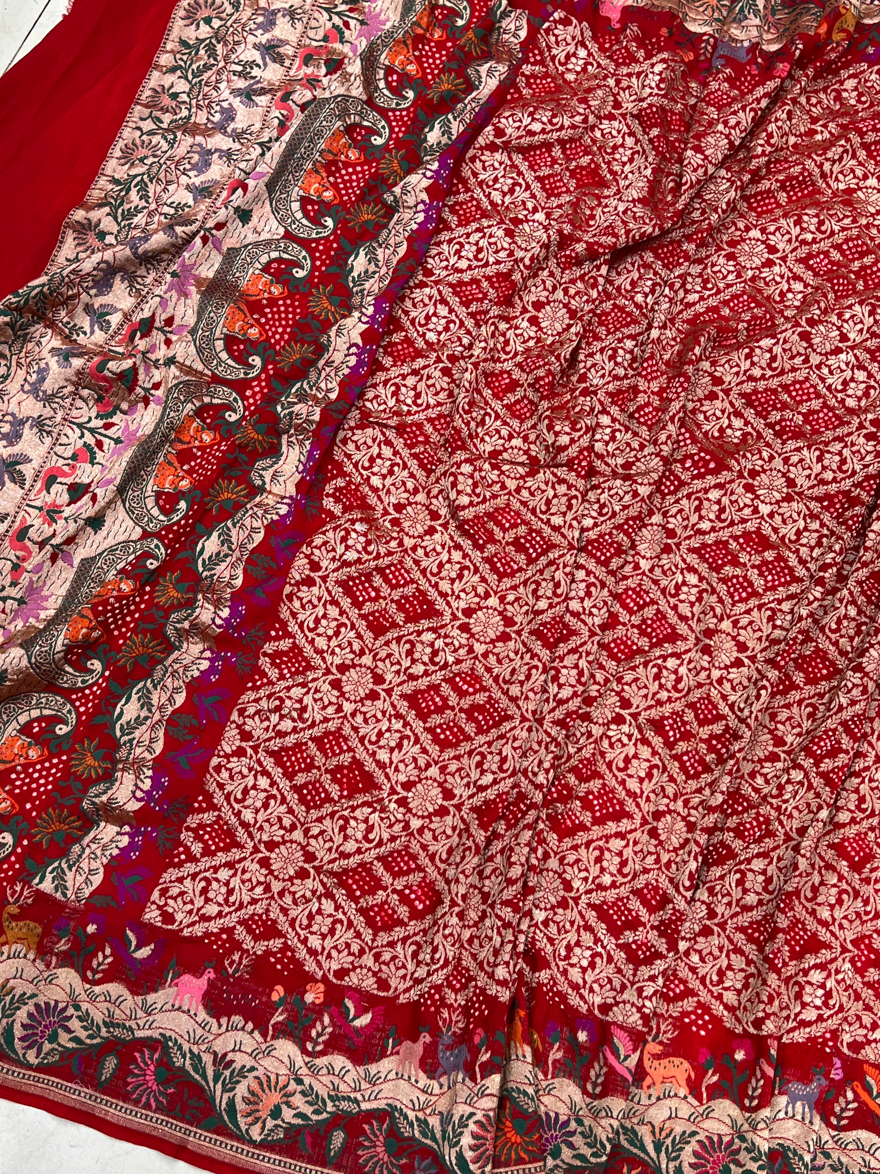Red Jungle Design Handloom Meenakari Rai Bandhej Pure Zari Dupatta