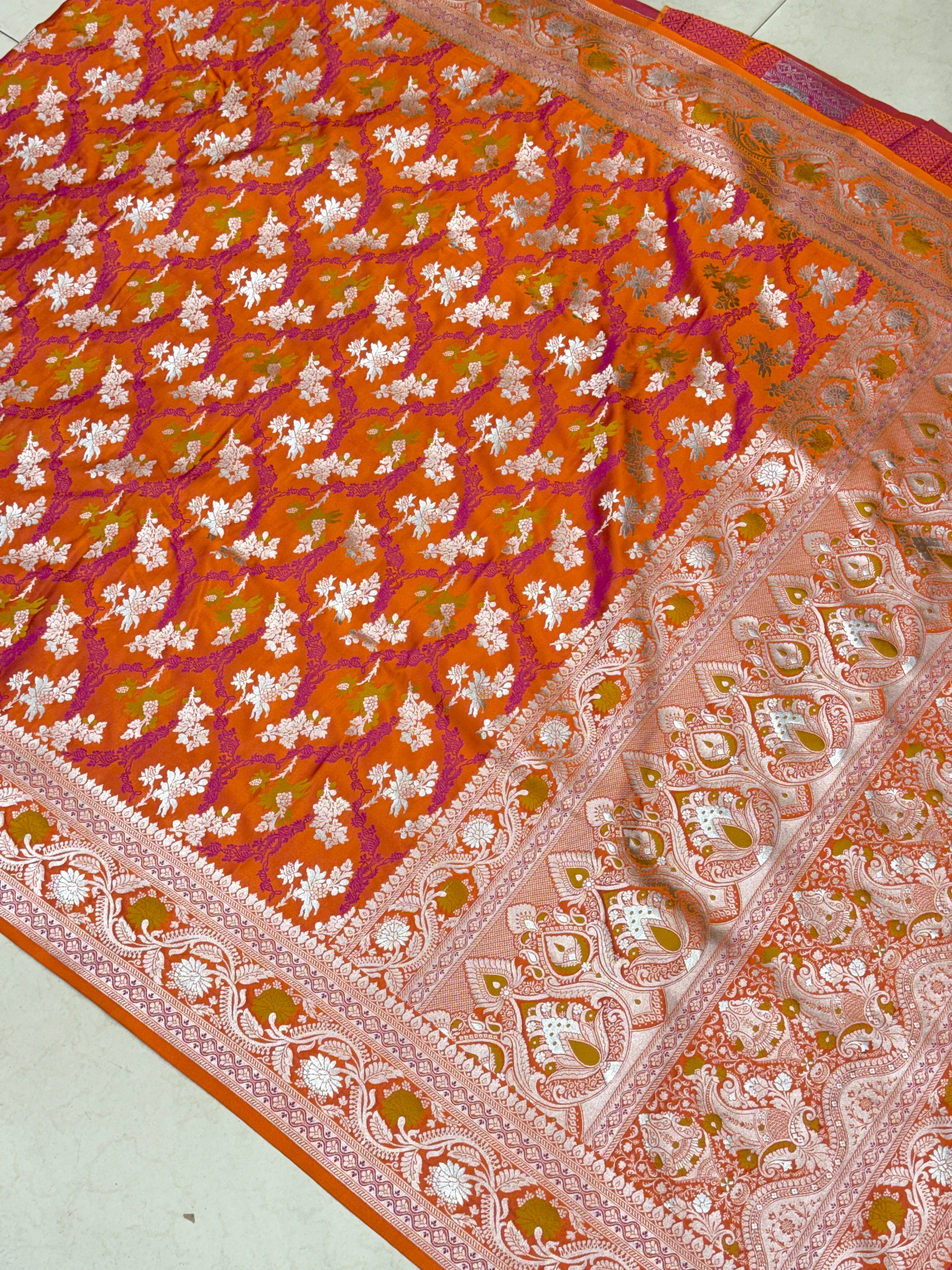 Orange Banarasi Silk Meenkari Jaal Saree