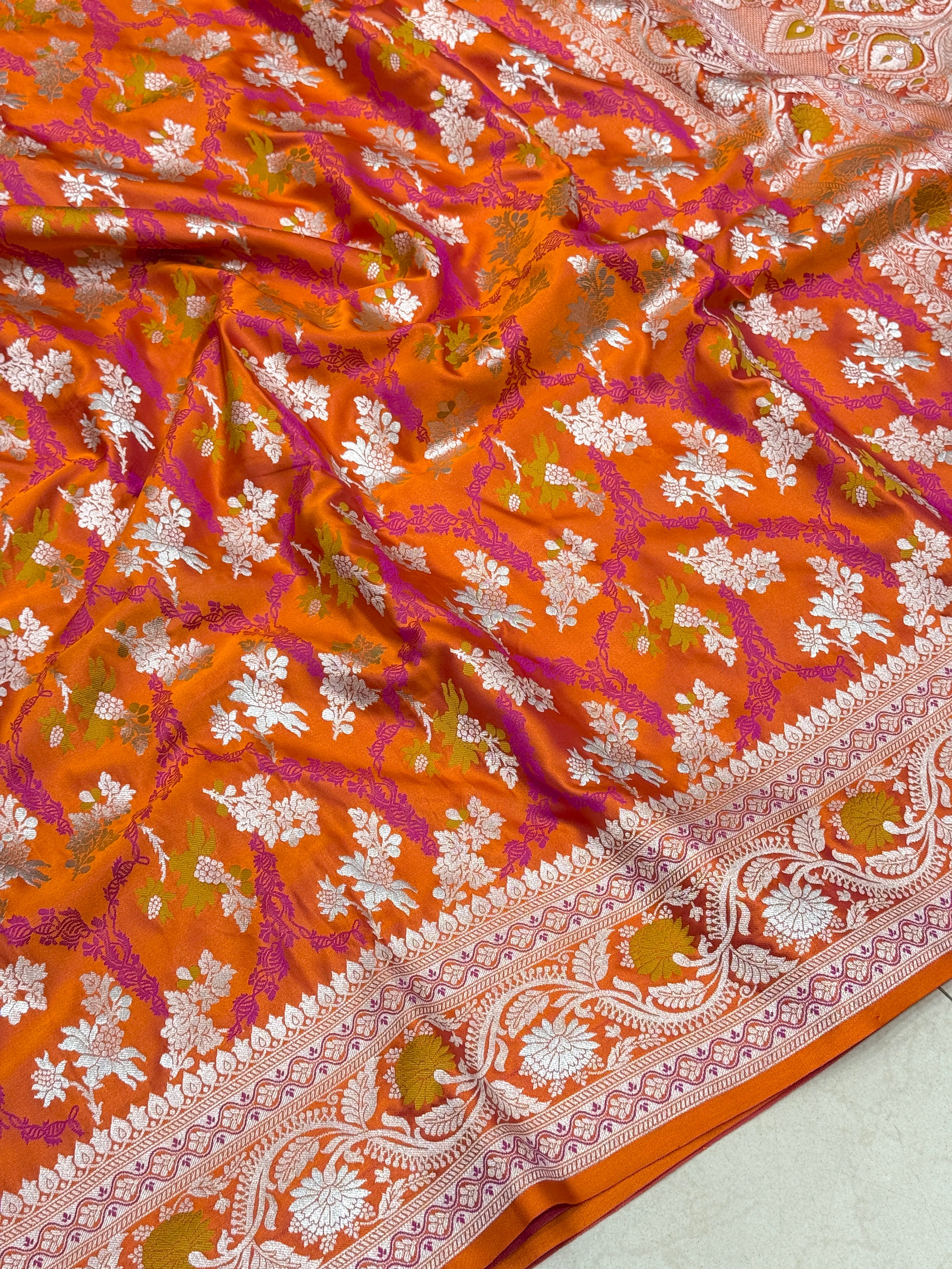 Orange Banarasi Silk Meenkari Jaal Saree