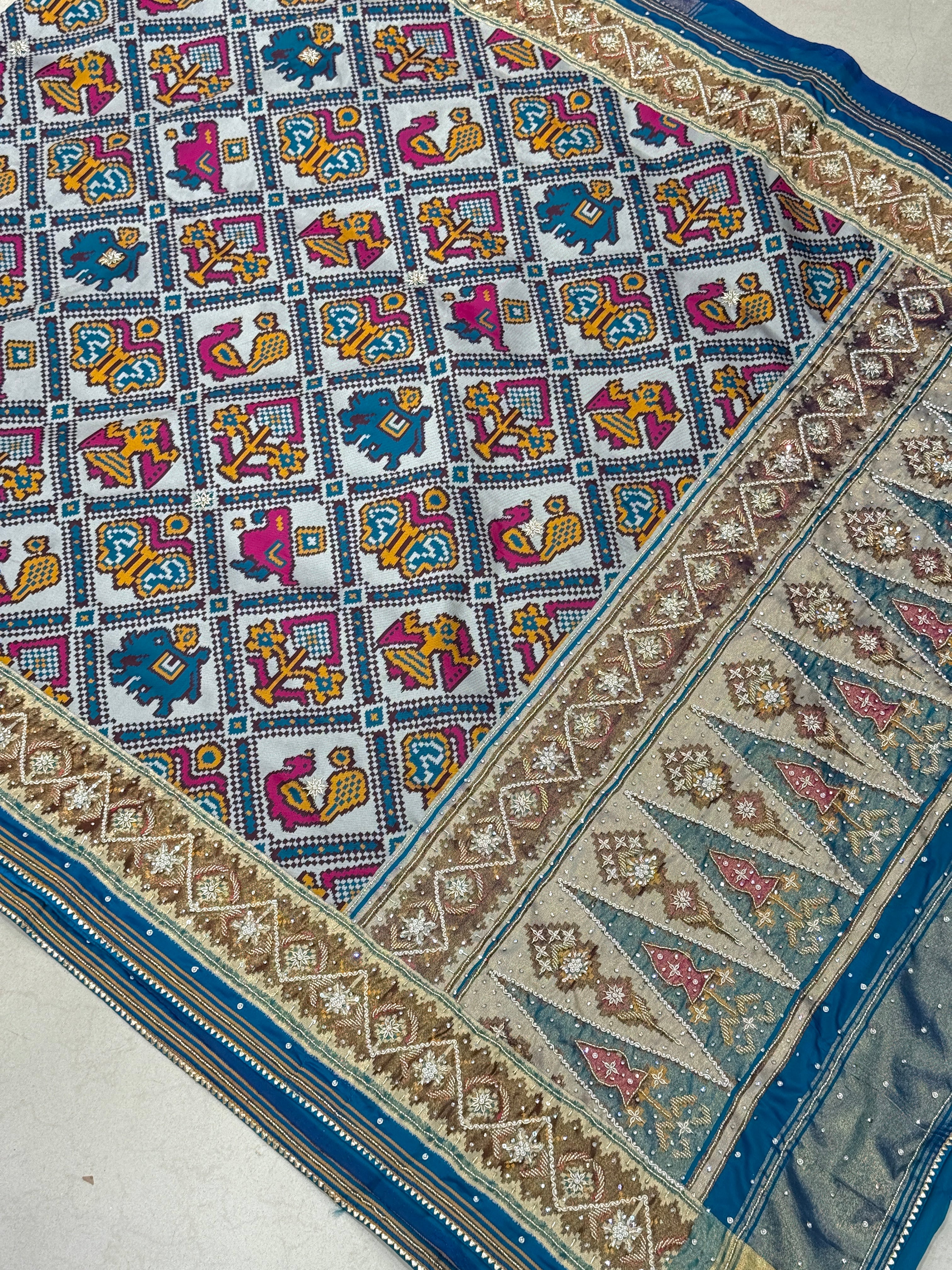 Blue Rajkoti Patola Weaved Hand Embroidery Saree