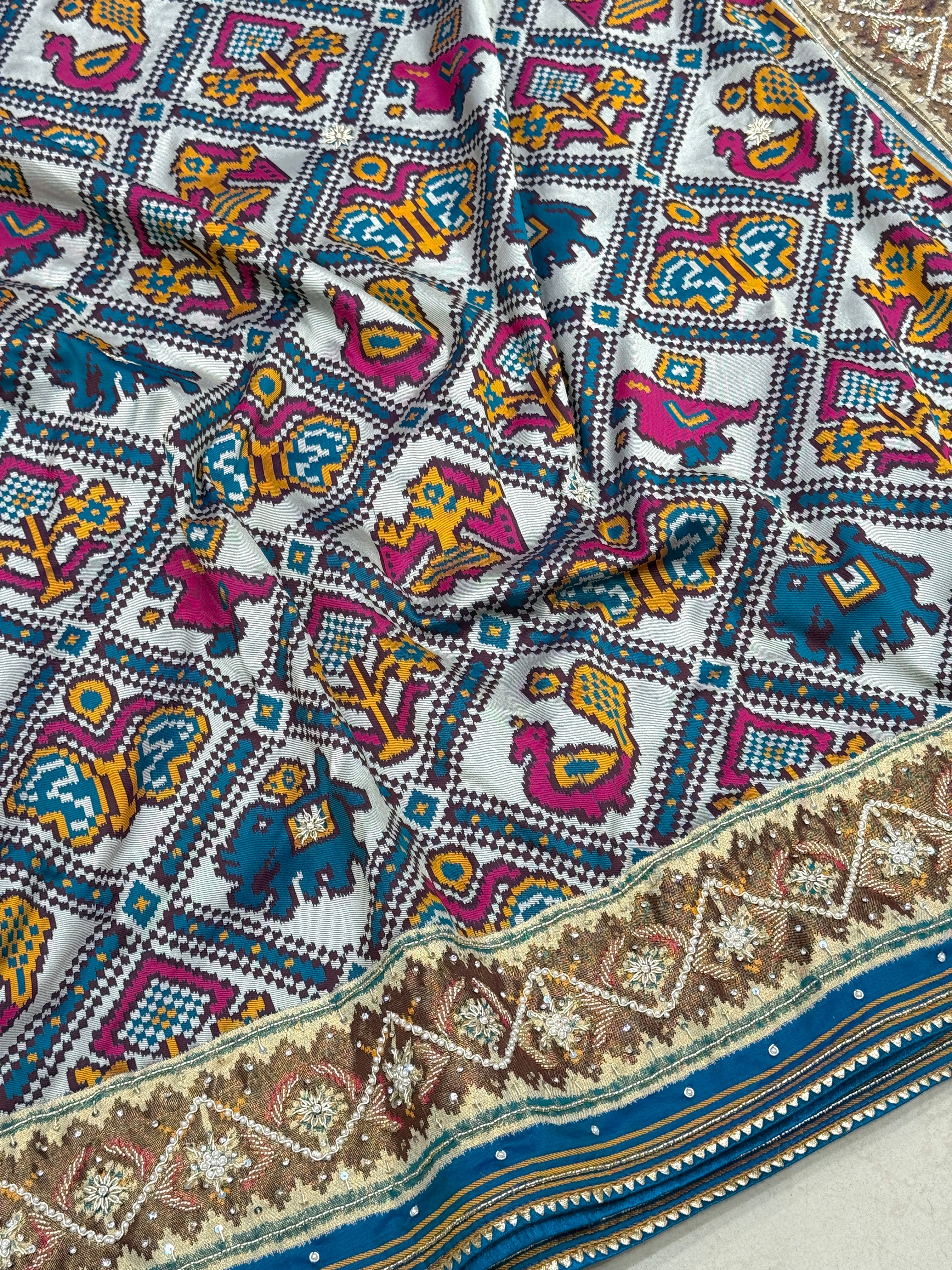 Blue Rajkoti Patola Weaved Hand Embroidery Saree