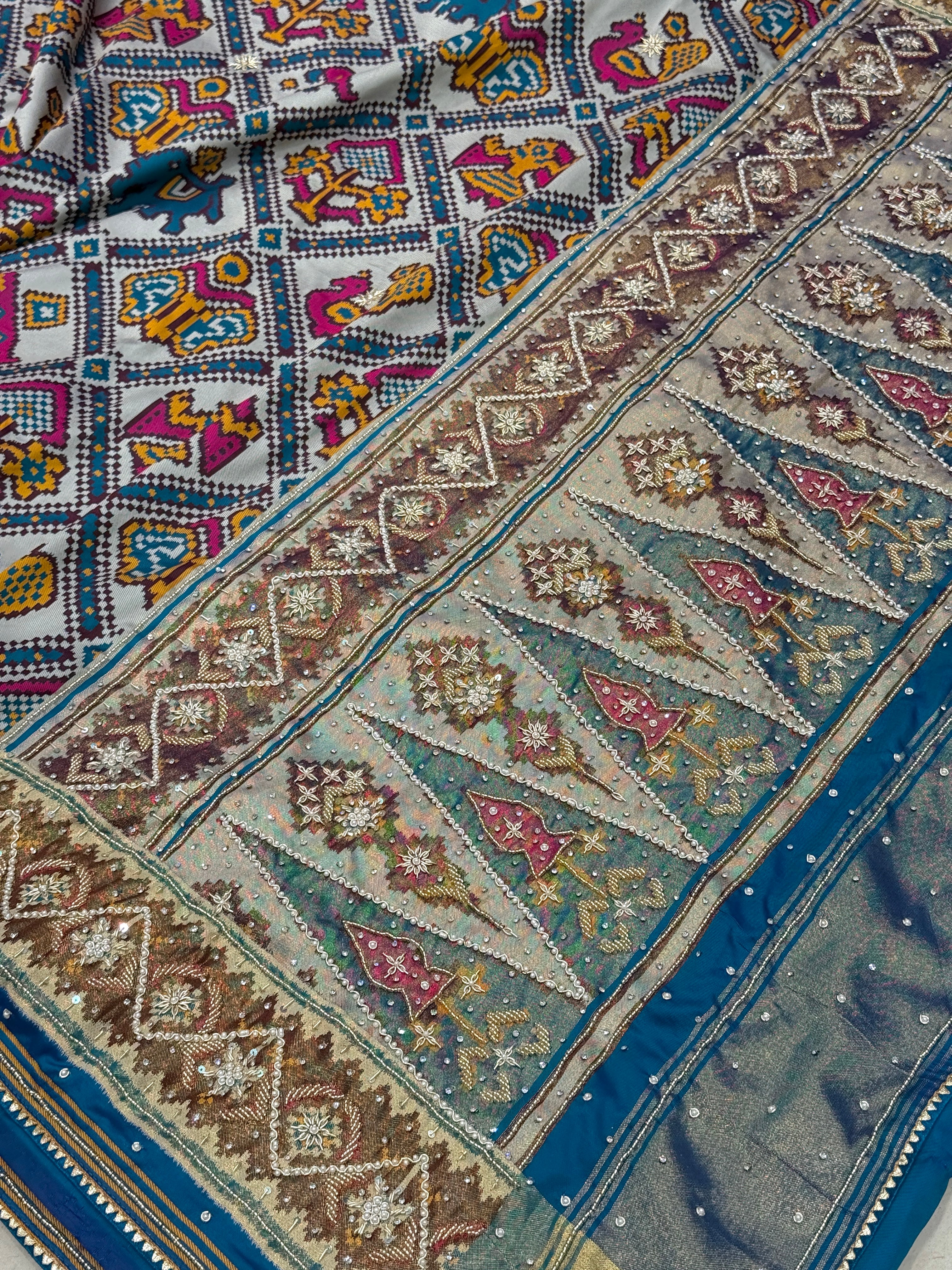 Blue Rajkoti Patola Weaved Hand Embroidery Saree