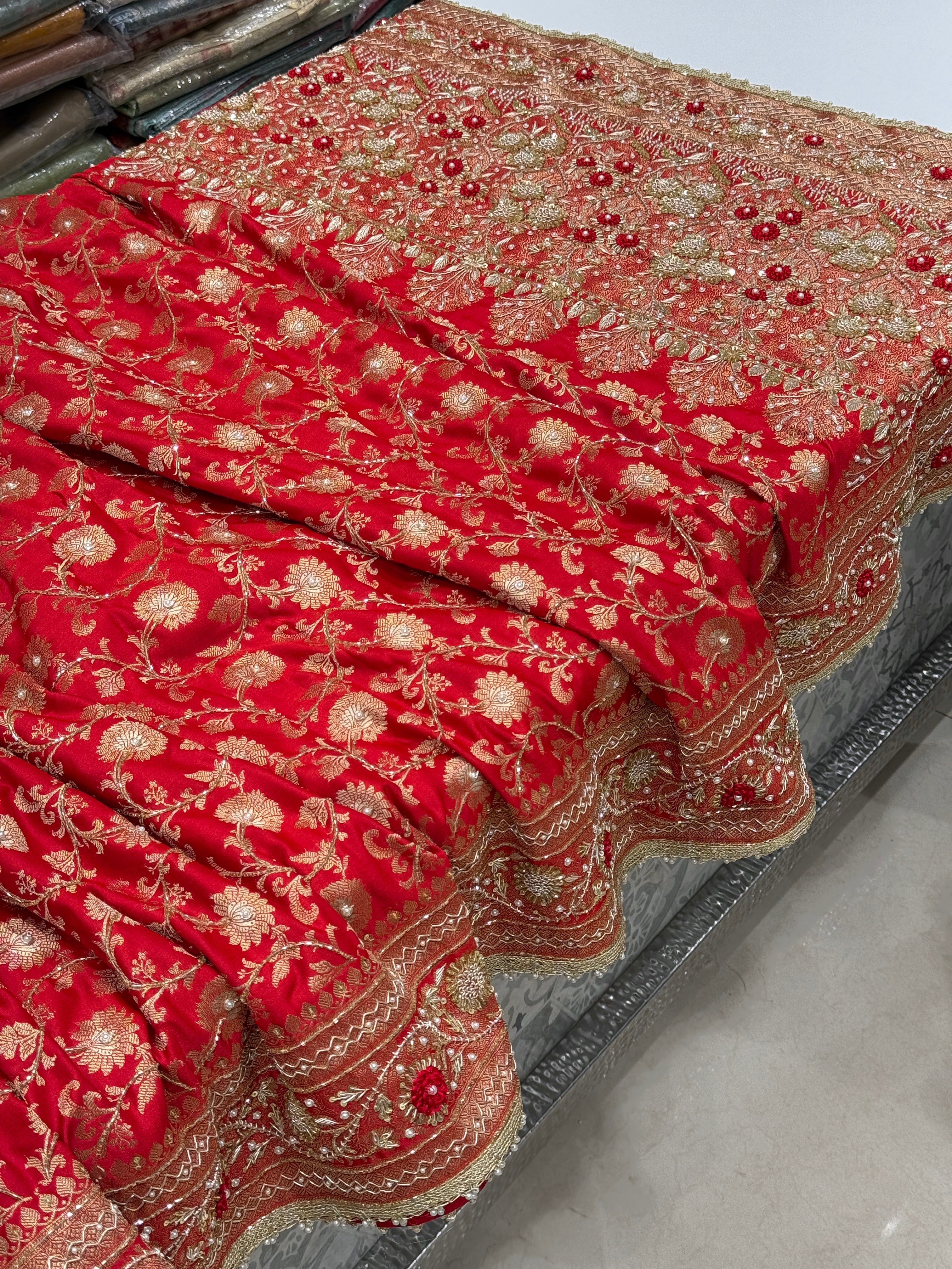 Red Banarasi Silk Small Jaal Heavy Zardozi Resham Saree